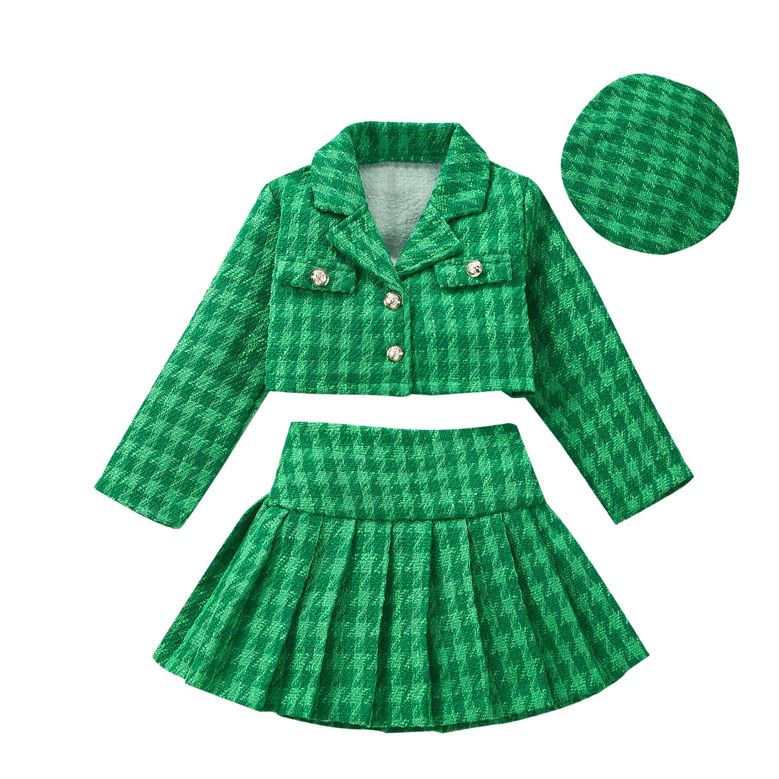 Gaono Kids Baby Clothes Tween Girl Plaid Print Tweed Crop Jacket Blazer Pleated Skirt With Hat 3Pcs Mini Skirt Set Outfit (A-Green, 4 Years)