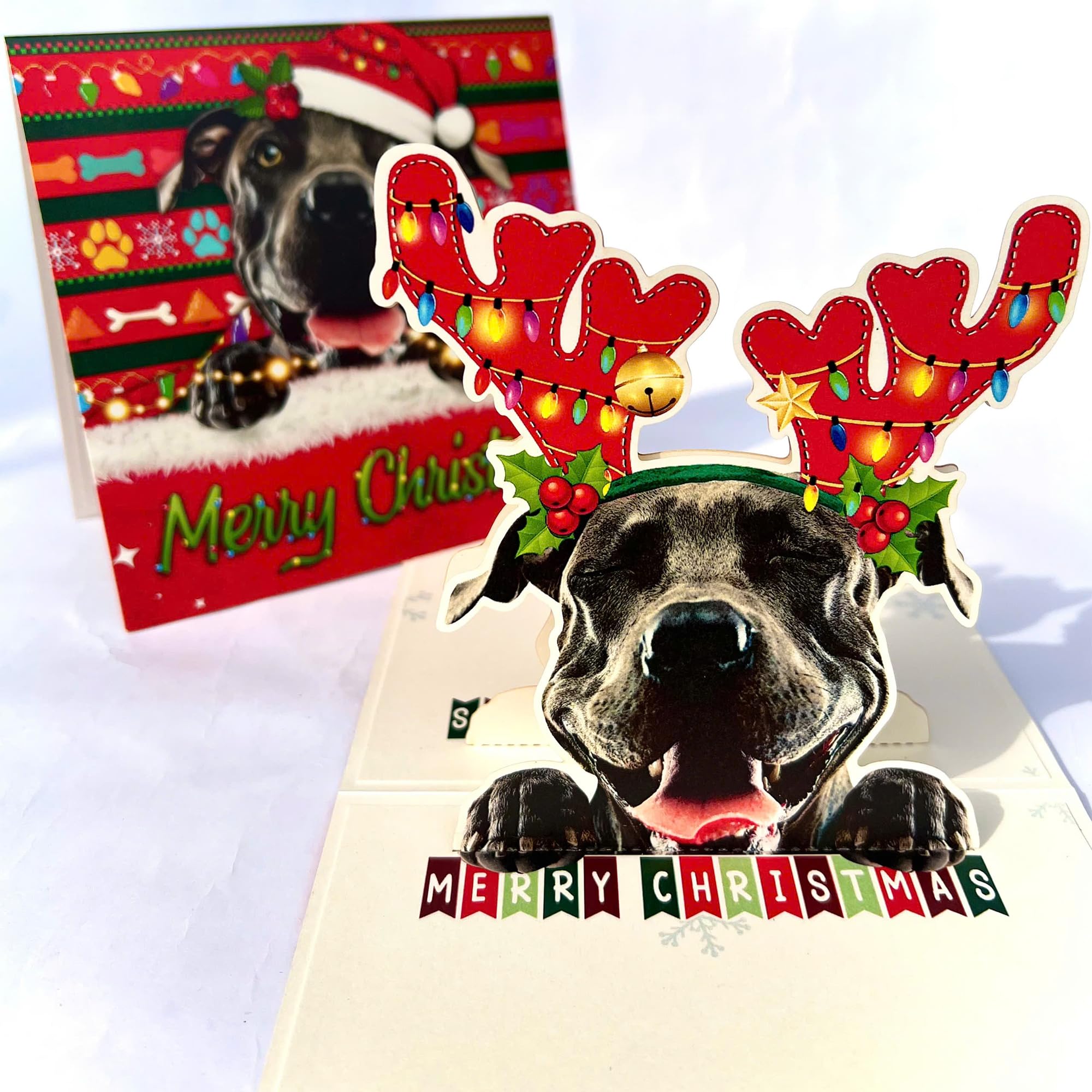 Black American Pitbull Terrier Christmas Pop Up Card – 3D Holiday Greeting Card Featuring Pitbull Dog with Festive Reindeer Antlers, Perfect for Dog