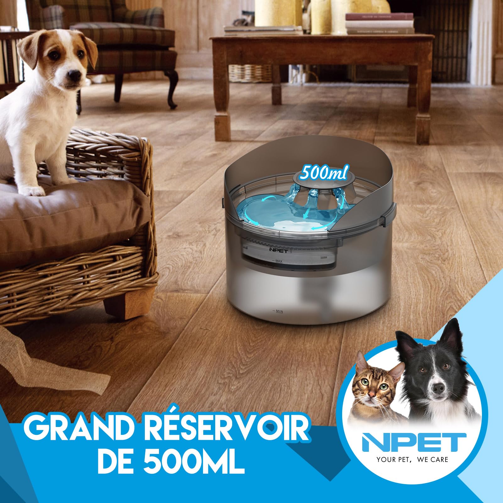 NPET Fontaine à Eau Chien, Fontaine à Eau pour Chien Automatique avec Protection Anti-éclaboussures, 8L, pour Chien&Chat, DF30