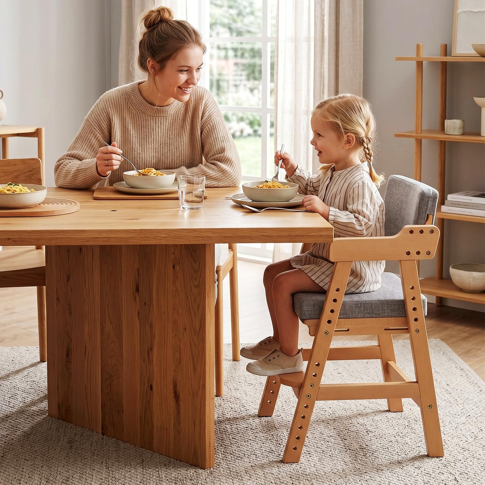 MAMIZO Chaise Enfant en Bois de Hêtre avec Coussin Confortable, Support 120 kg, Chaise Bureau Enfant pour Enfants dès 3 Ans et Plus, Idéale Salle à Manger, Chambre, Salon, Couleur Bois Naturel
