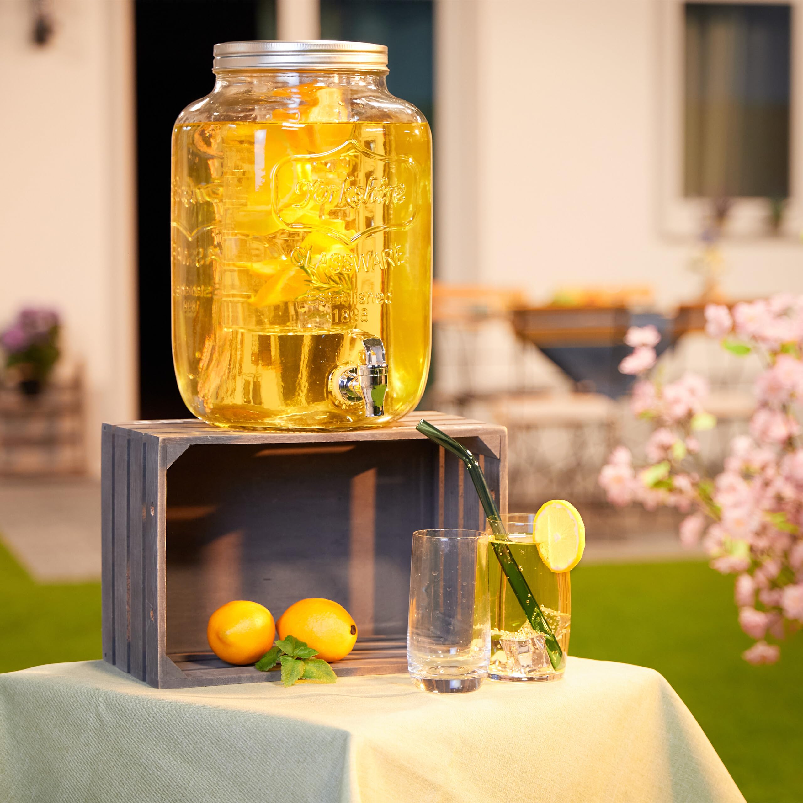 Relaxdays Distributeur de Boisson, en Verre, avec Compartiment et Couvercle, Volume : 8 litres, Transparent
