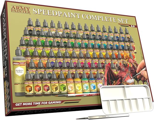 The Army Painter Speedpaint 2.0 Complete Set Combo, 90 Dropper Bottles of Non Toxic Acrylic Contrast Model Paint In 18ml, Incl. 4 Essential Brushes And 1 Paint Palette For Miniature Fantasy Wargaming