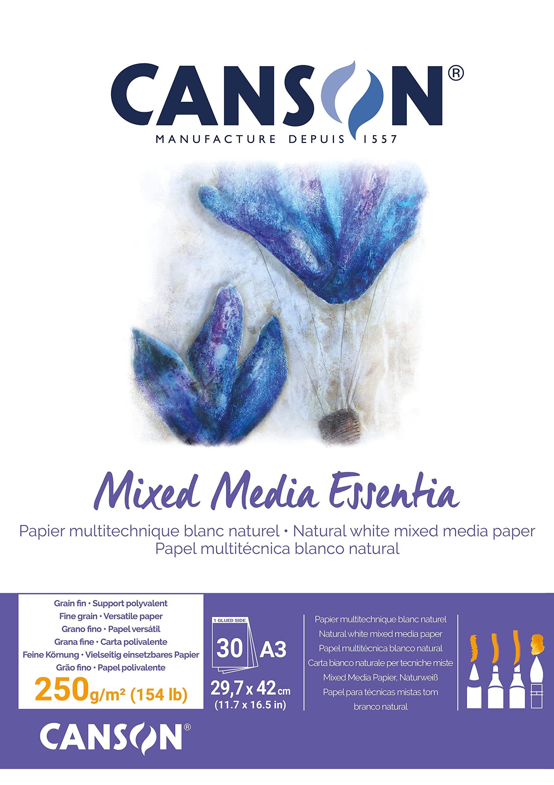 Canson Mix Media Essentia Block A4 30 Blatt fein 250 g, Naturweiß