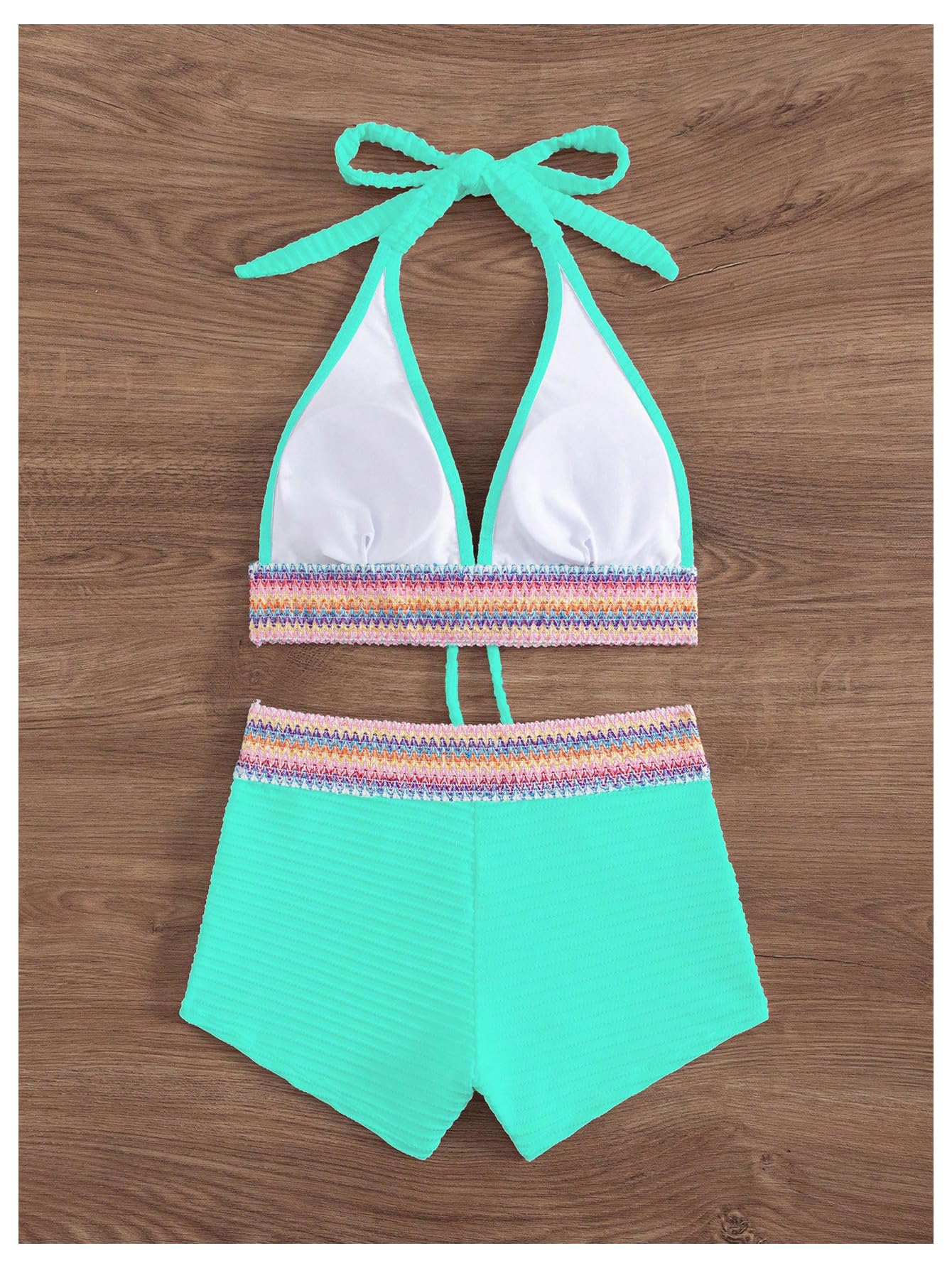 Costume da Bagno da Donna in 2 Pezzi A Righe Geometriche Boho con Allacciatura Allacciata sul Davanti, Costume da Bagno Verde Menta Piccolo