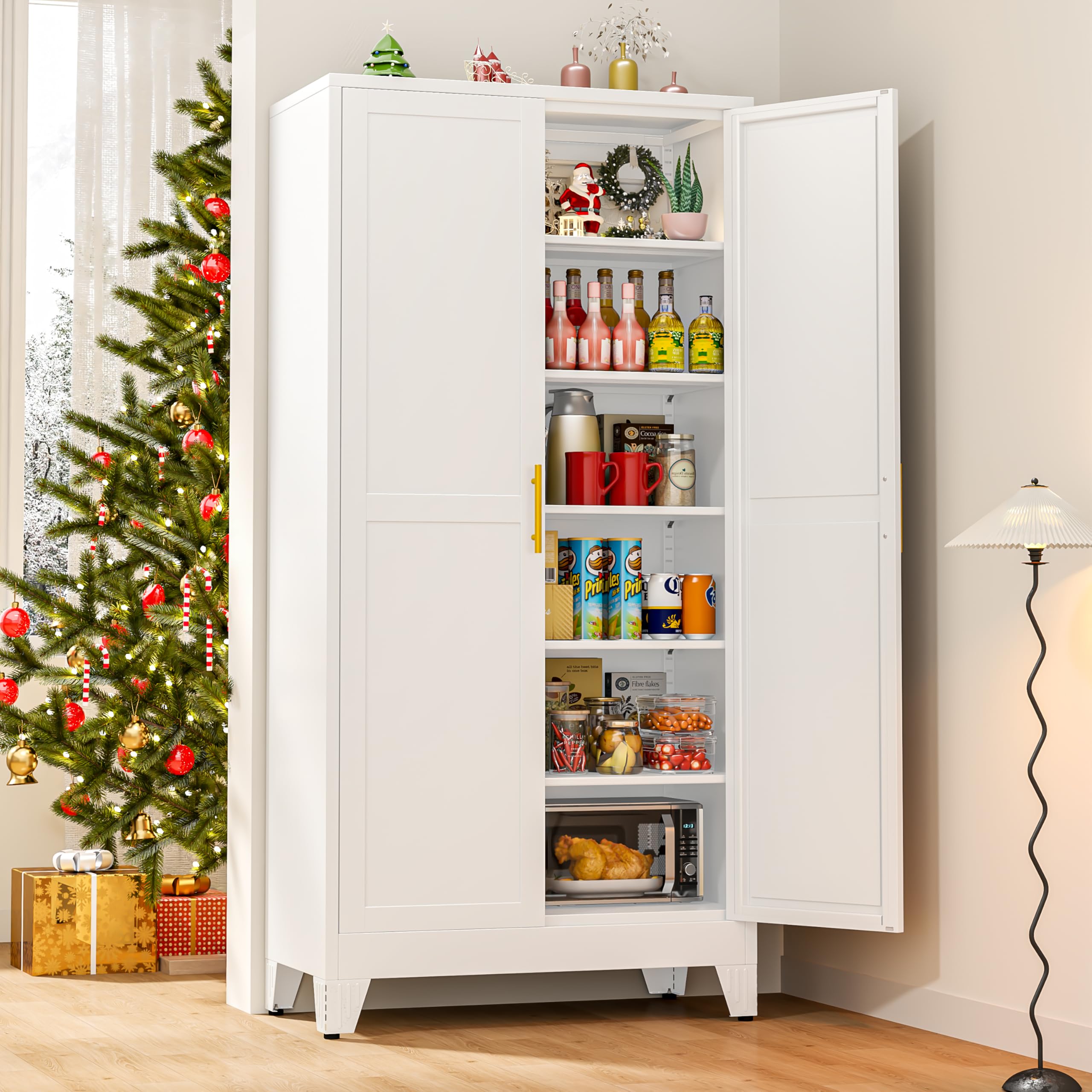 winiowa Tall Metal Kitchen Pantry Storage Cabinet with 2 Doors and 5 Adjustable Shelves - 75.2" Kitchen Cabinet with Gold Handles for Kitchen, Bathroom, Dining Room, Living Room - White