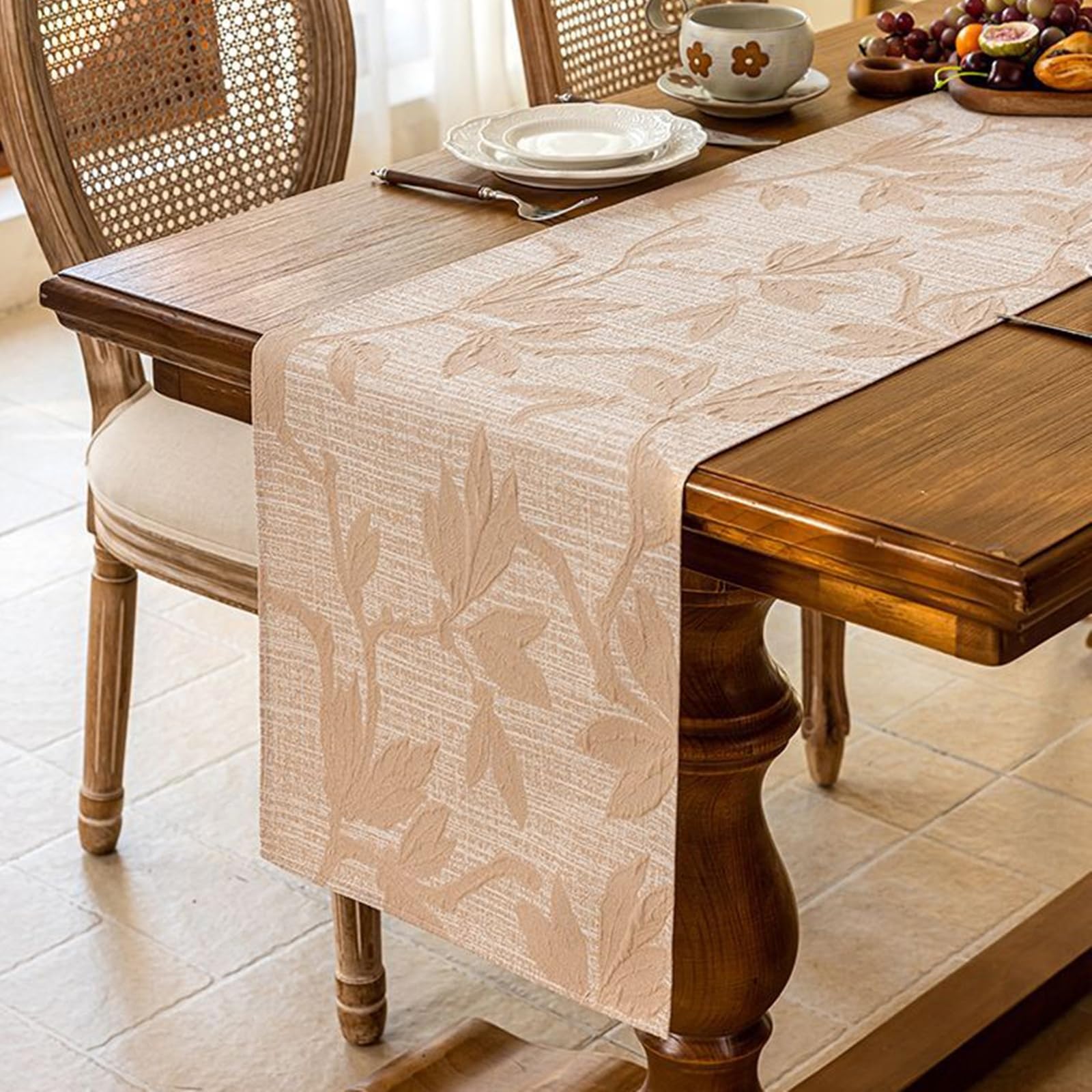 Tischläufer Polyester Landhausstil, Tischläufer Modern 35x270 cm, mit Blättermuster