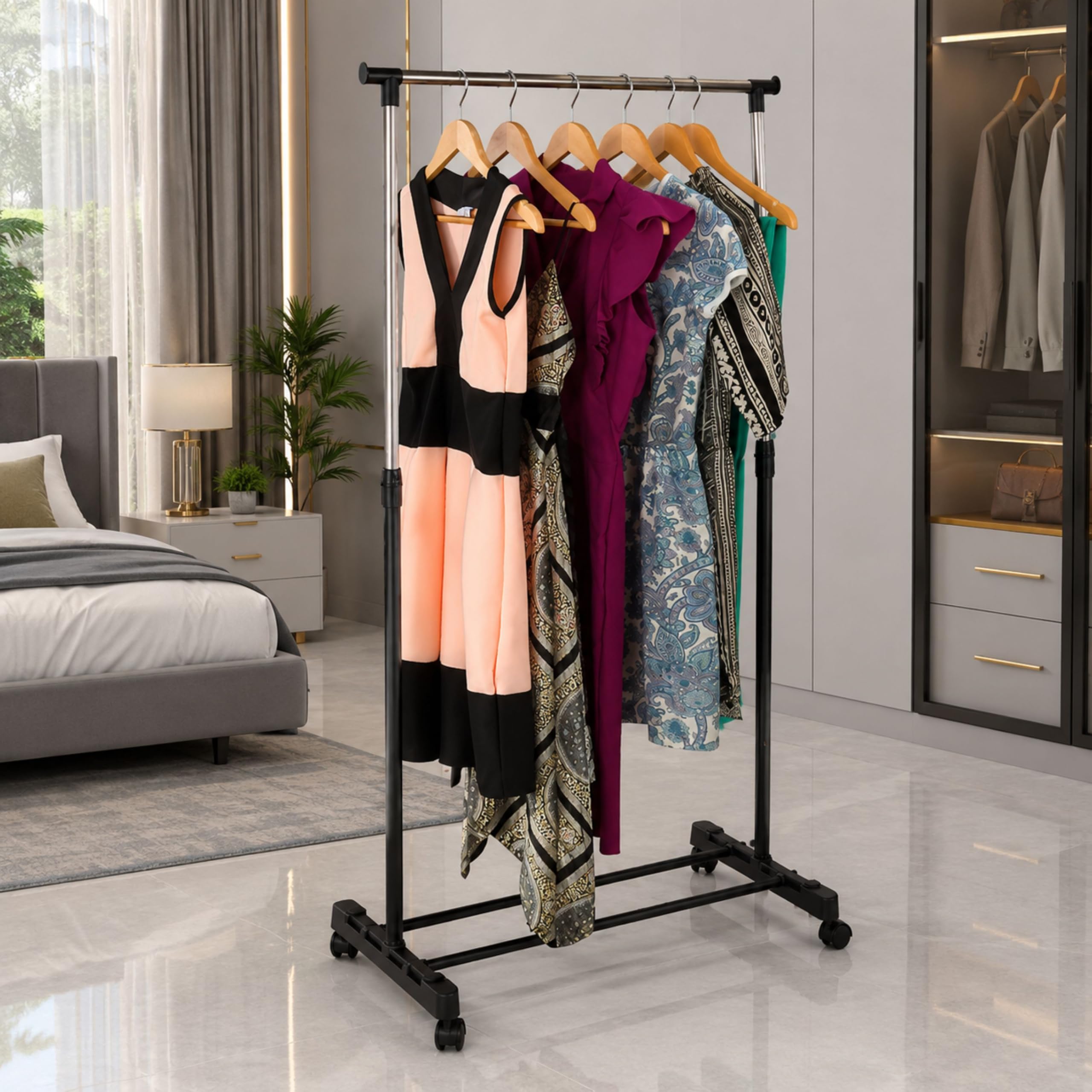 heavy duty adjustable single pole garment rack with wheels | portable stainless steel clothes hanging stand for home, balcony & shop display | foldable cloth drying rack (black & silver)