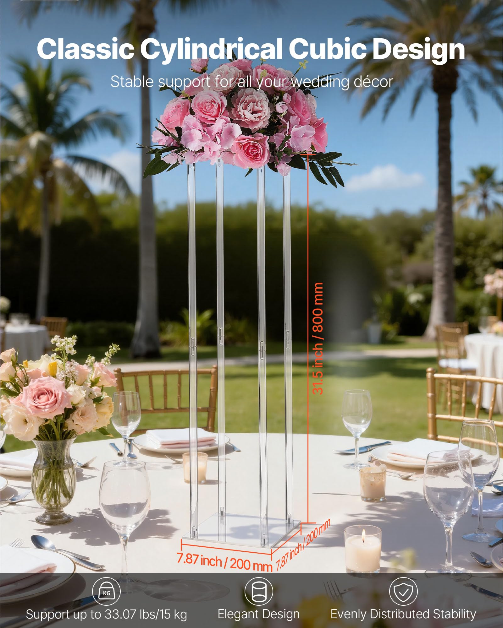 VEVOR Portafiori da Matrimonio 10 Pezzi da 80 cm, Portafiori a Colonna con Laminato Acrilico, Espositore Floreale Cubico Cilindrico per Matrimoni, Feste, Compleanni, Casa, Centrotavola Dorati