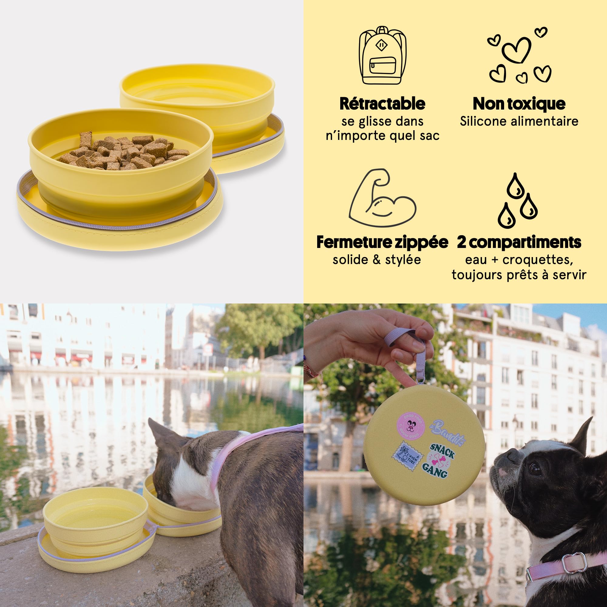 Bandit - Gamelle spéciale Voyage 14 cm - Pochette en Silicone et Pliable - Portable et Pratique - Design Compact pour faciliter Les Voyages - pour propriétaires d'animaux Actifs