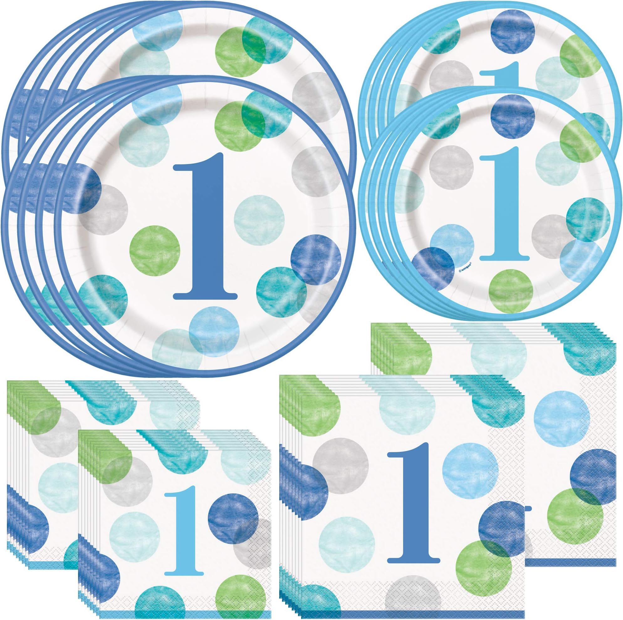 Unique Blue Dots Baby Boy 1st Birthday Party Bundle | Beverage & Luncheon Napkins, Dinner & Dessert Plates | Great for Child's 1st Birthday Celebration, Kid's Party
