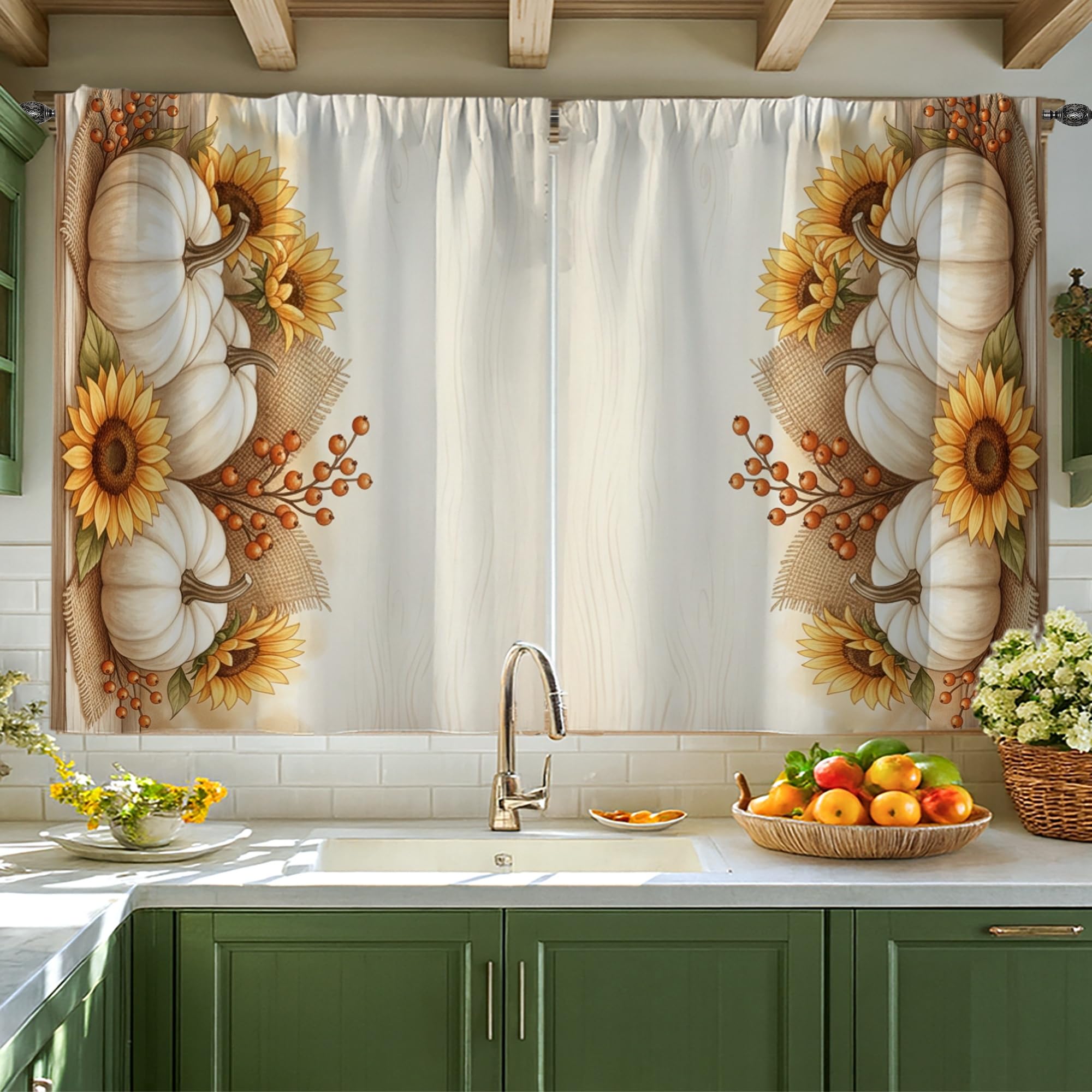 Rideaux rustiques de cuisine au motif floral jaune automnal raffiné
