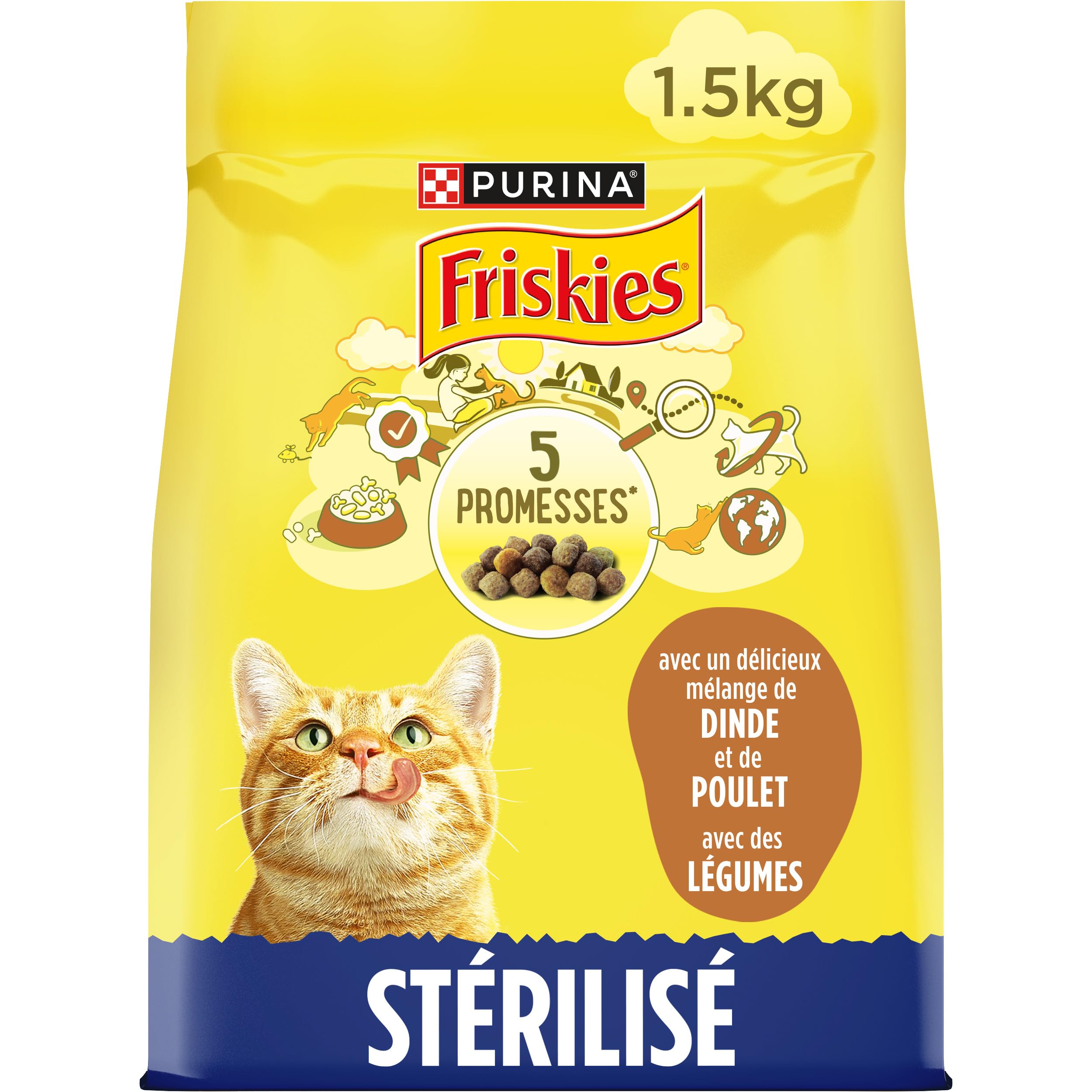 FRISKIES | Cat | Complete Food for Adult Sterilized Cats | Turkey, Chicken and Vegetables | Whole Kibble | Bag | 1.5 kg