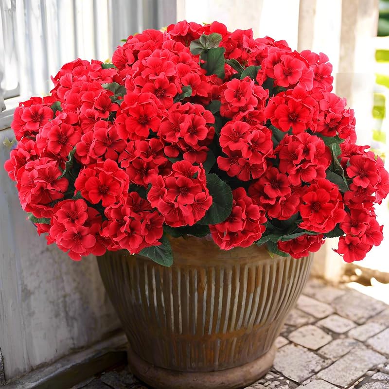 Hananona 6 piezas de flores artificiales de geranio para exteriores, flores rojas de seda de geranio, plantas de jardín resistentes a los rayos UV, flores artificiales para Navidad, hogar, cocina, mesa, decoración de centros de mesa (6, rojo)