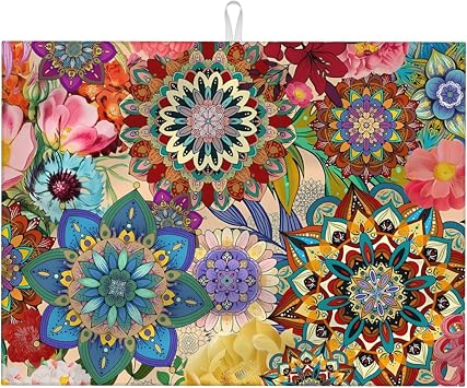 Boho Floral Dish Drying Mat for Kitchen Counter, 18 x 24 Inch Microfiber Dish Mats for Drying Dishes, Absorbent Dish Drying Pad Mandala Rack Mat Kitchen Decor Dish