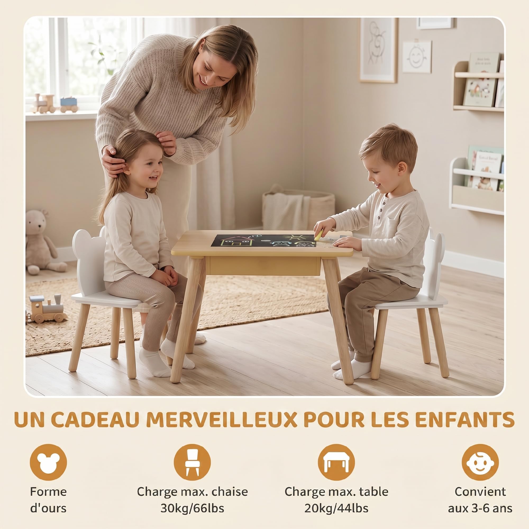 AIYAPLAY Ensemble Table et 2 Chaises 3 pièces Enfants Plateau réversible Bois Naturel