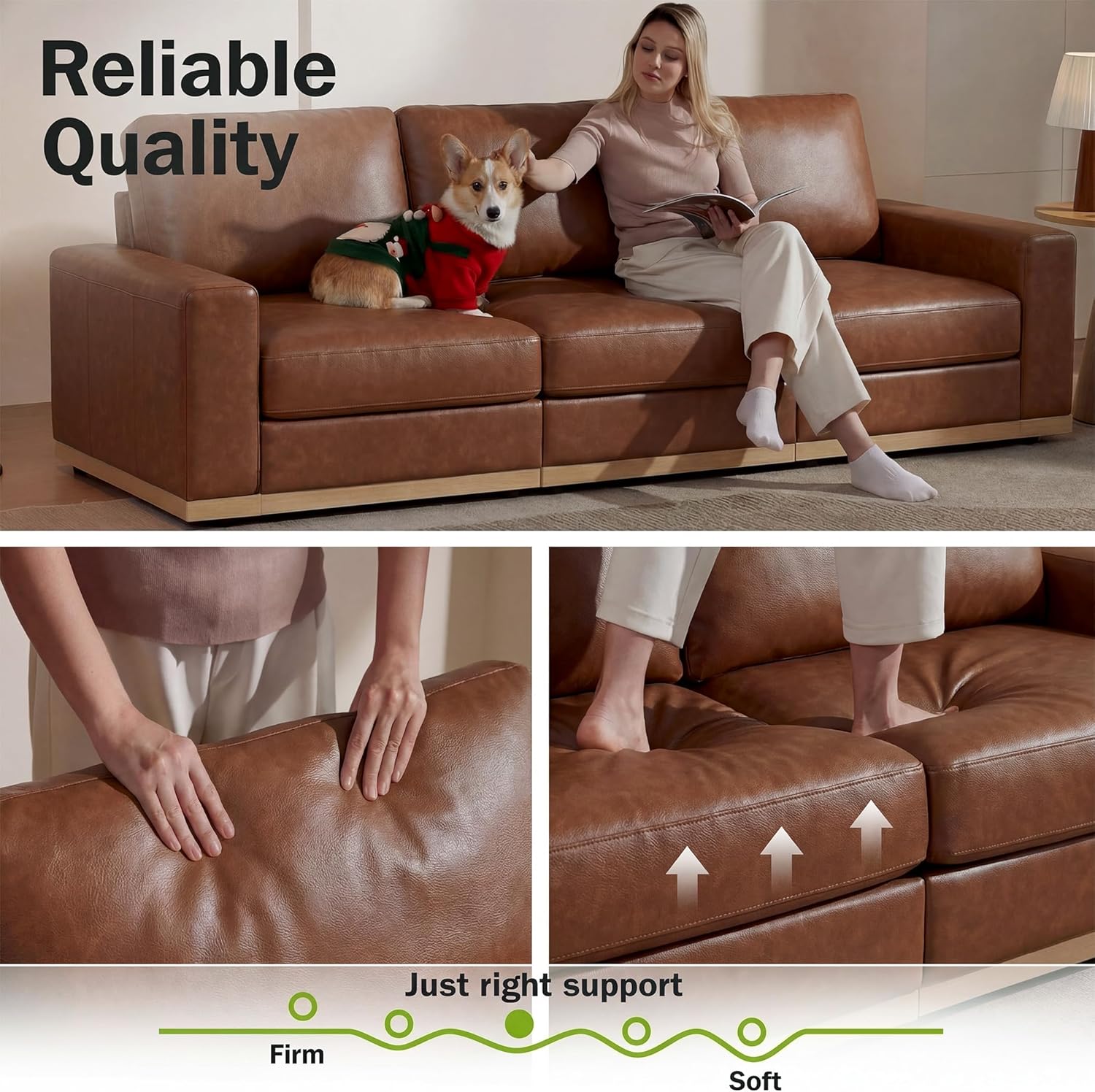 WEUP 98" Modern Modular Sectional Sofa for Living Room,3 Seater Deep Seat Modular Sofa Couch,PU Leather,Solid Wood Frame,Spring Cushions, Removable Covers,Tool-Free Assembly for Small Spaces,Brown | Tool-Free Assembly, Deep Seat, PU Leather, Spring Cushions, Solid Wood Frame, 3 Seater