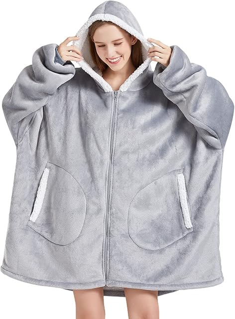 Oversized Blanket Hoodie for Women, Zip Up Hooded Sherpa Wearable Blanket, Giant Fluffy Fleece Jumper Hoodie Sweatshirt for Adults