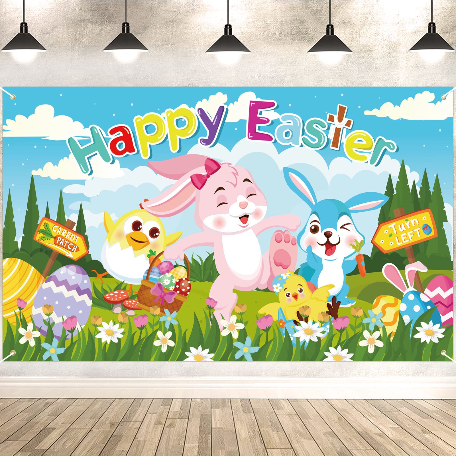 HOWAF Large Fabric Easter Party Decorations, Happy Easter Egg Bunny Hunt Banner and Chick Sign Easter Hunt Game Banner Poster for Photo Booth Backdrop
