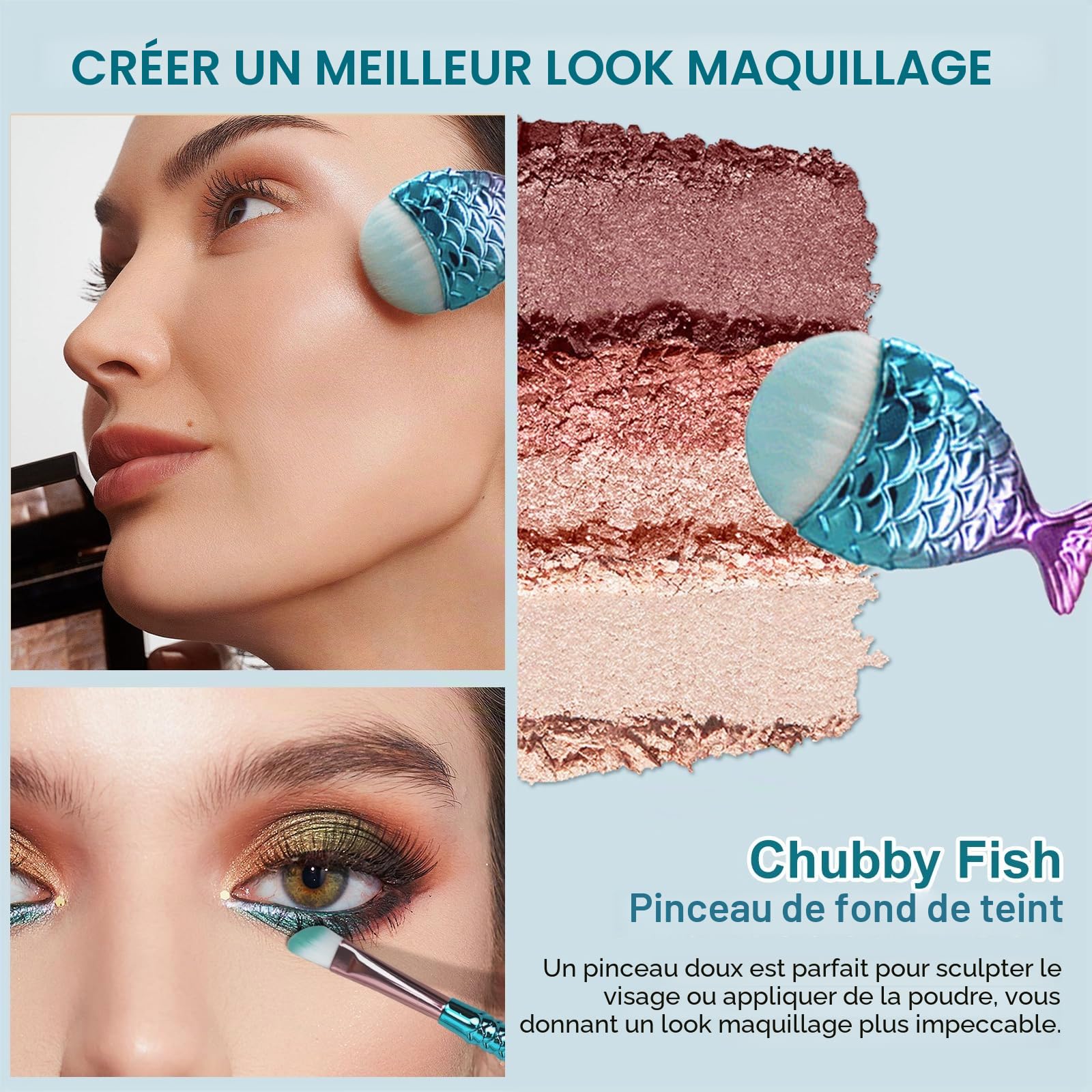 12 PCS Ensembles de Pinceaux de Maquillage de, Mermaid Maquillage Pinceaux Set avec une barrette Brosse Cosmétique de Nylon Beauté Brosses Kit Fond de Teint Poudre Crème Sourcils Eyeliner Fard à Joues