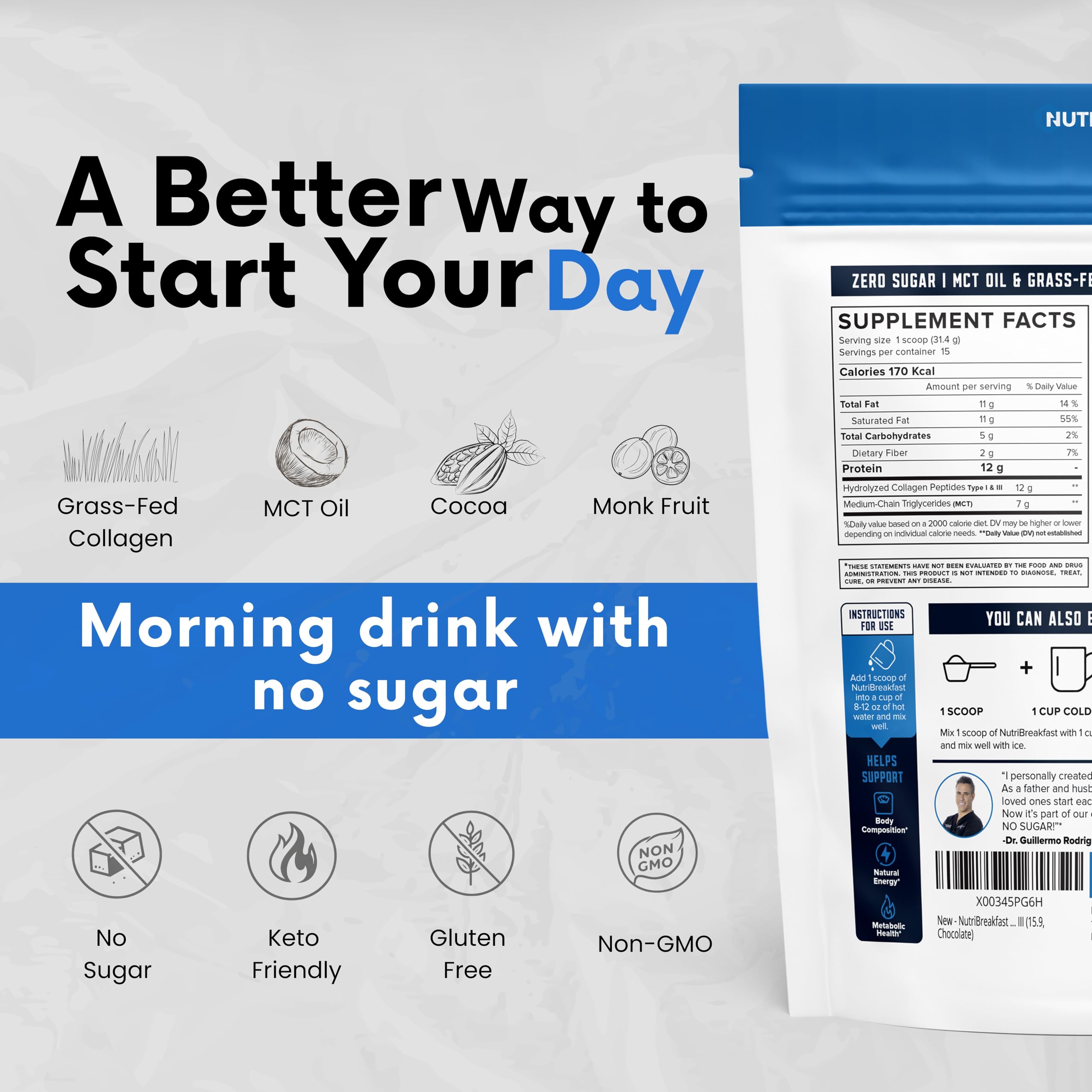 NutriBreakfast by Nutrillermo/Keto Protein Collagen Powder with MCT Oil/MCT Oil Powder/Keto Collagen Peptides with Grass-Fed Bovine Collagen Type I & III (15.9, Chocolate)