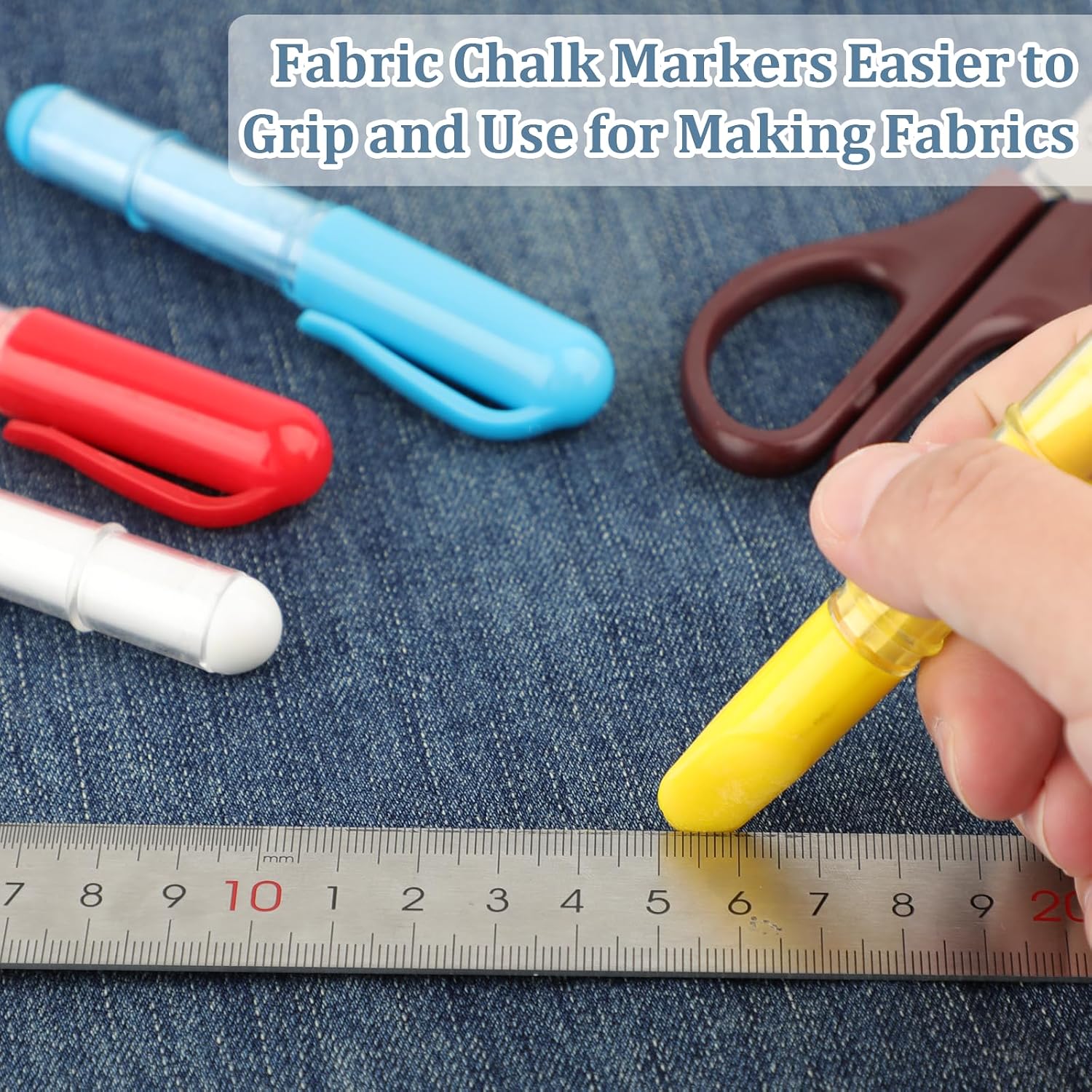 4 PCS Sew Fabric Chalk Markers, Fabric Chalk Pencil for Sewing and Quilting, Crafting, Erase Tailors Liner Pen for Cloth, Leather (Red/Yellow/White/Blue)