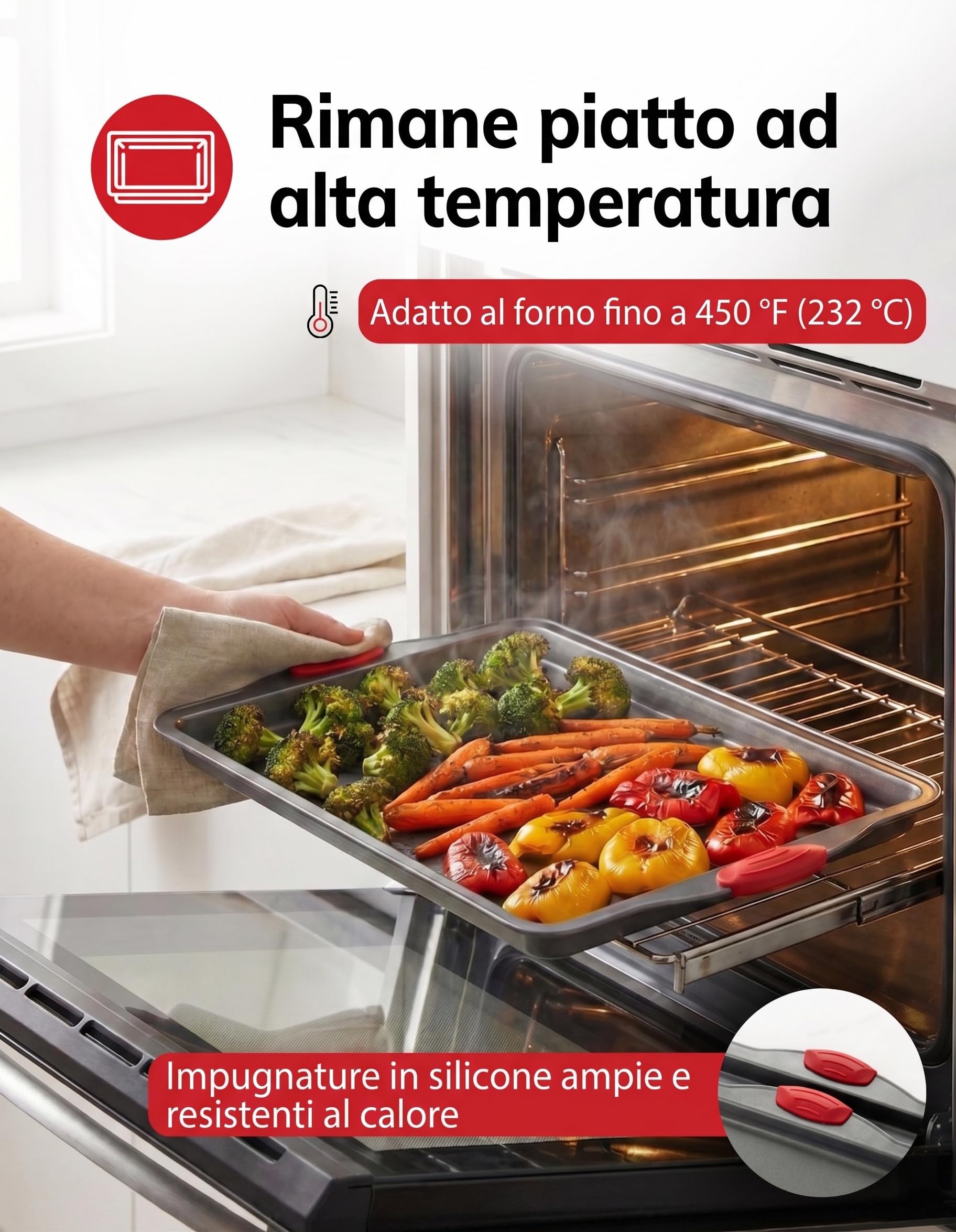 Set 3 Teglie da Forno Antiaderenti in Acciaio al Carbonio - Vassoio per Biscotti con Manici in Silicone, Placca da Forno Resistente a Deformazioni e Ruggine, Senza PFOA per Cottura Uniforme