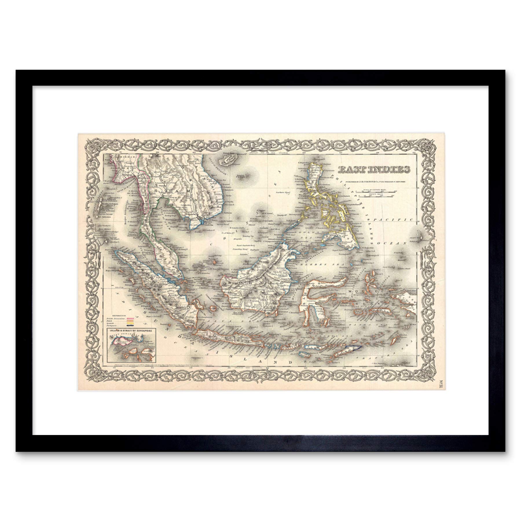 Wee Blue Coo 1855 Colton Map The East Indies Singapore Thailand Borneo Framed Wall Art Print