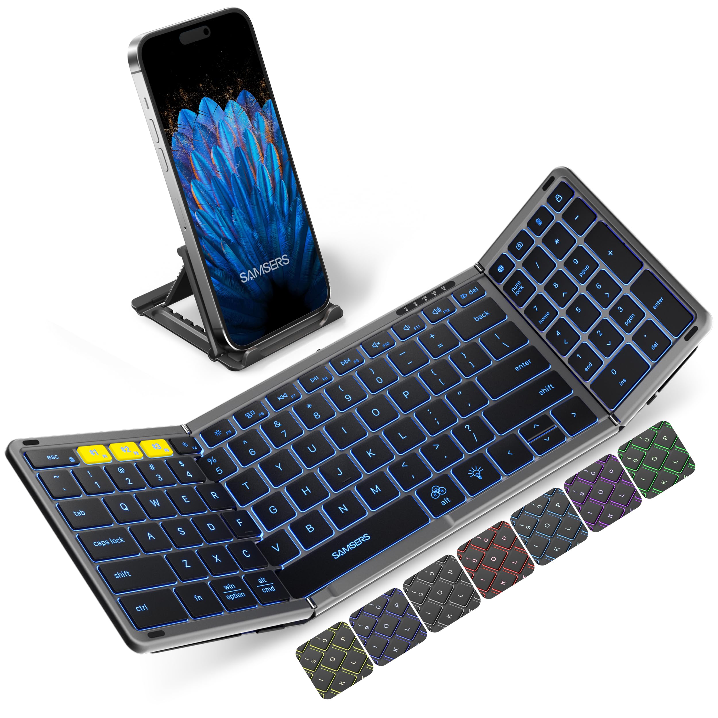 Samsers Foldable Bluetooth Keyboard with Numeric Keypad, Full-Size Wireless Folding Keyboard with Backlight, Portable Travel Keyboard for iOS Android Windows Mac OS, Support 3 Device(BT5.1 x 3), Gray-image-4