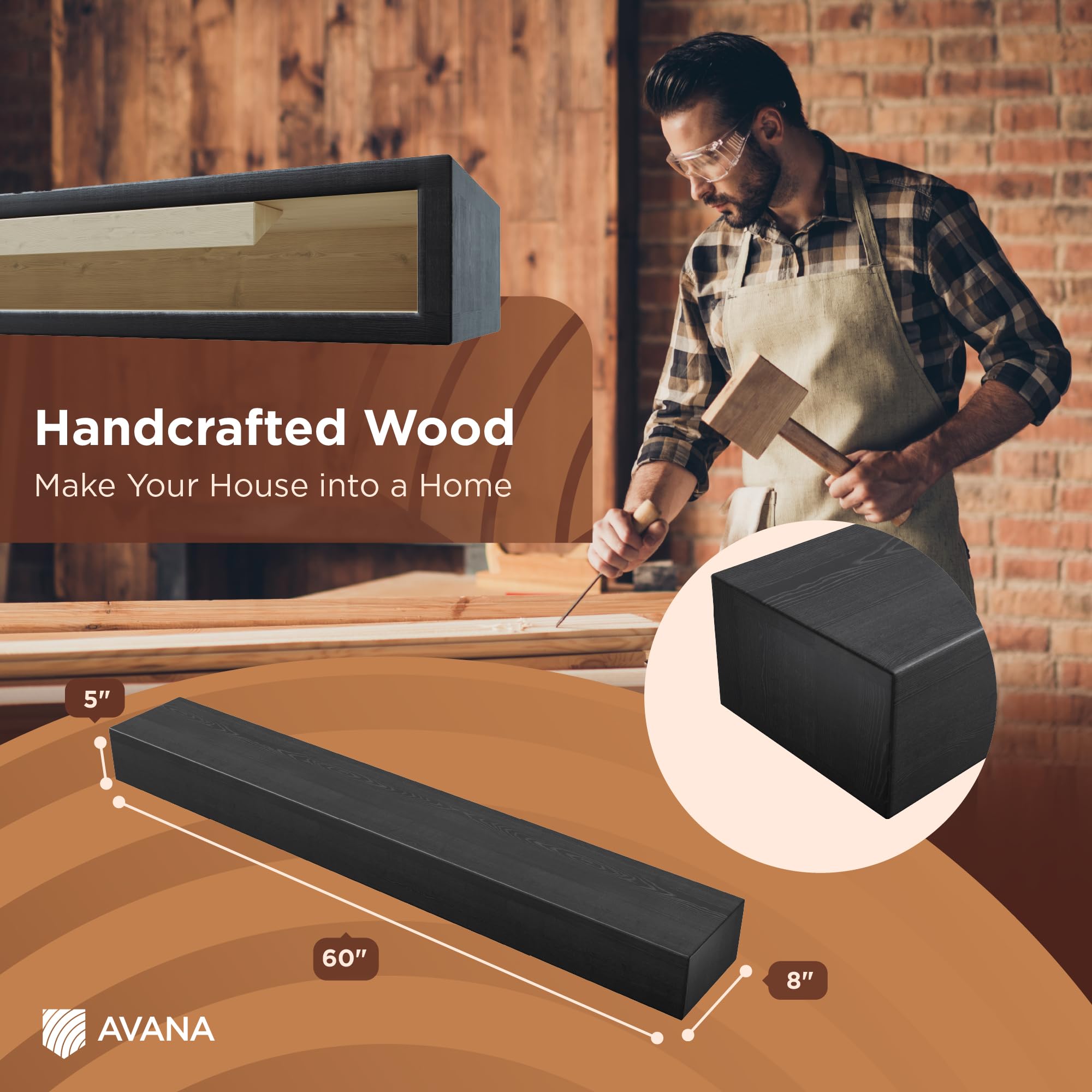 Avana Rusticfireplace Mantel - Mounted Mantles for Over Fireplace - Farmhouse Fireplace Mantle Shelf 60 Inches - Handcrafted Wood Fireplace Mantels - Fireplace Mantels 60 Inches X 8 X 5 - Espresso