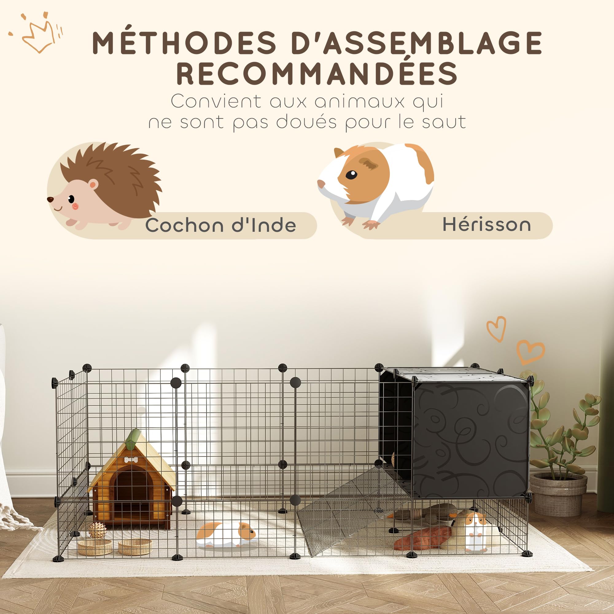 PawHut Enclos pour Petits Animaux, Cage à Lapin modulable, 31 Panneaux avec niches surélevées, Parc clôture pour Animaux domestiques intérieur pour cochons d'Inde, Lapins, hérissons, en Acier, Noir
