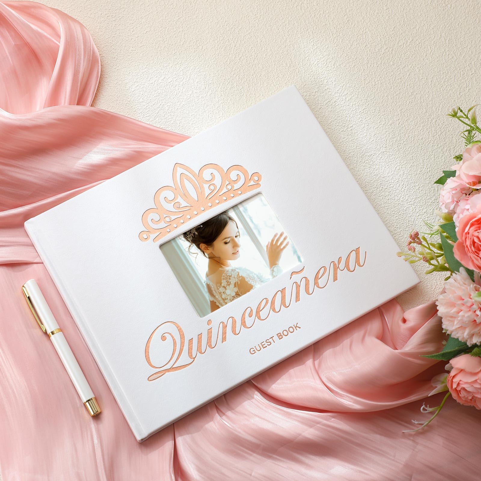 MotiMind Quinceanera Guest Book with Pen Libro De Firmas Para 15 Anos Crown