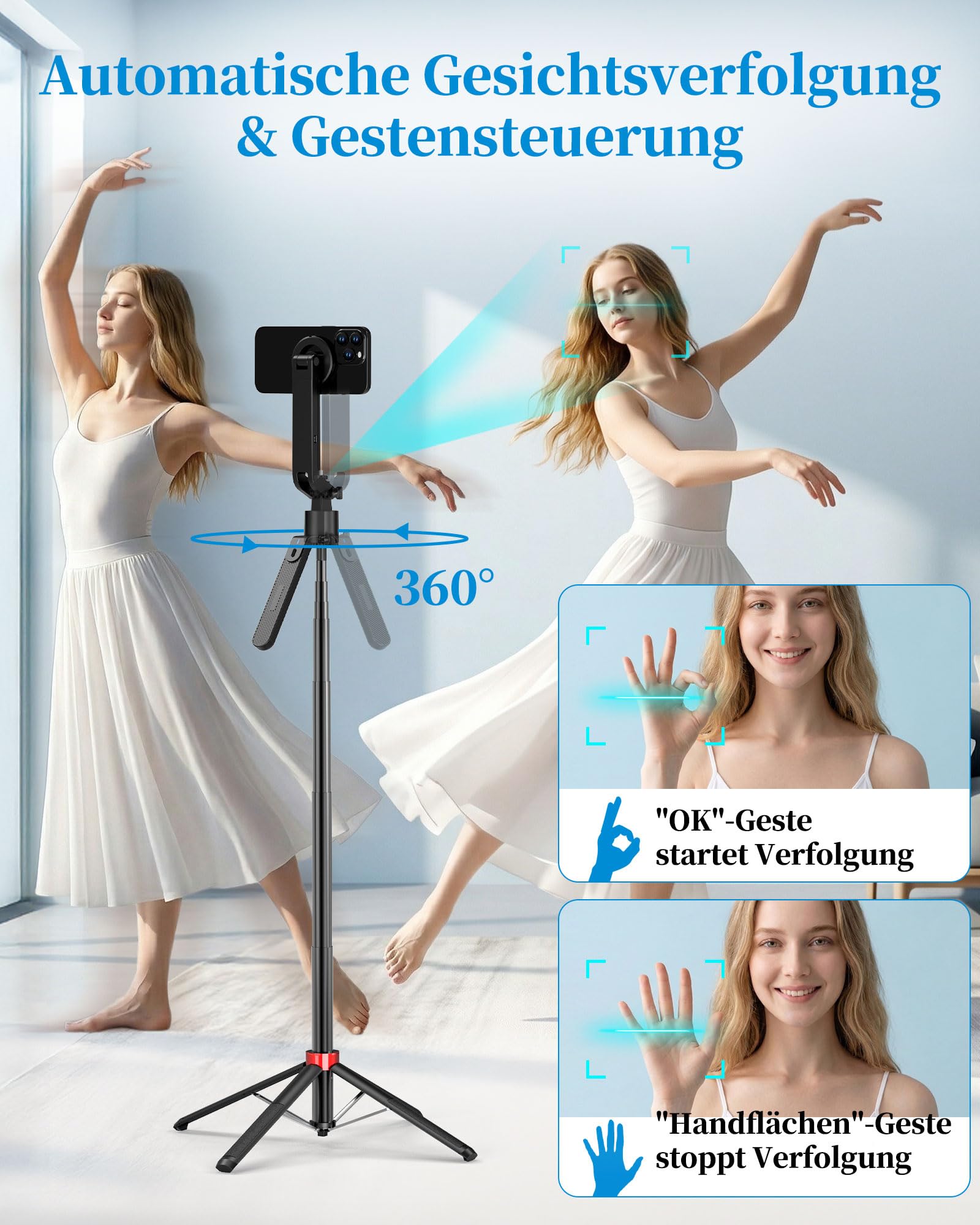 PlusAcc 184cm Auto Face Tracking Stativ Magnetischer Selfie Stick 360° Drehung Halter mit Fernbedienung kompatibel Magsafe Smartphone Videoaufnahmen Vlogging TikTok