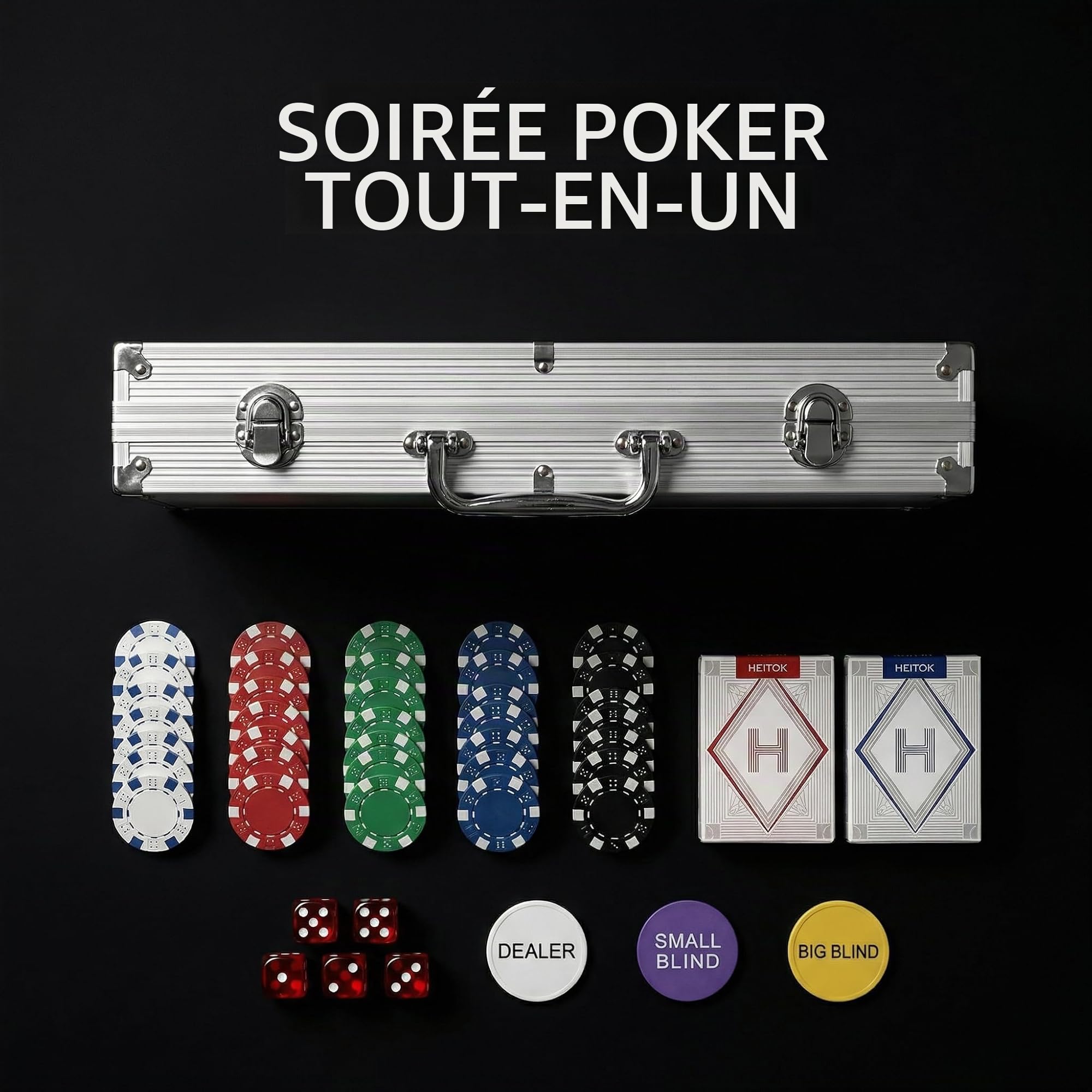 HEITOK Mallette de Poker 300 Jetons Sans Valeur 11.5g Texas Holdem au Casino