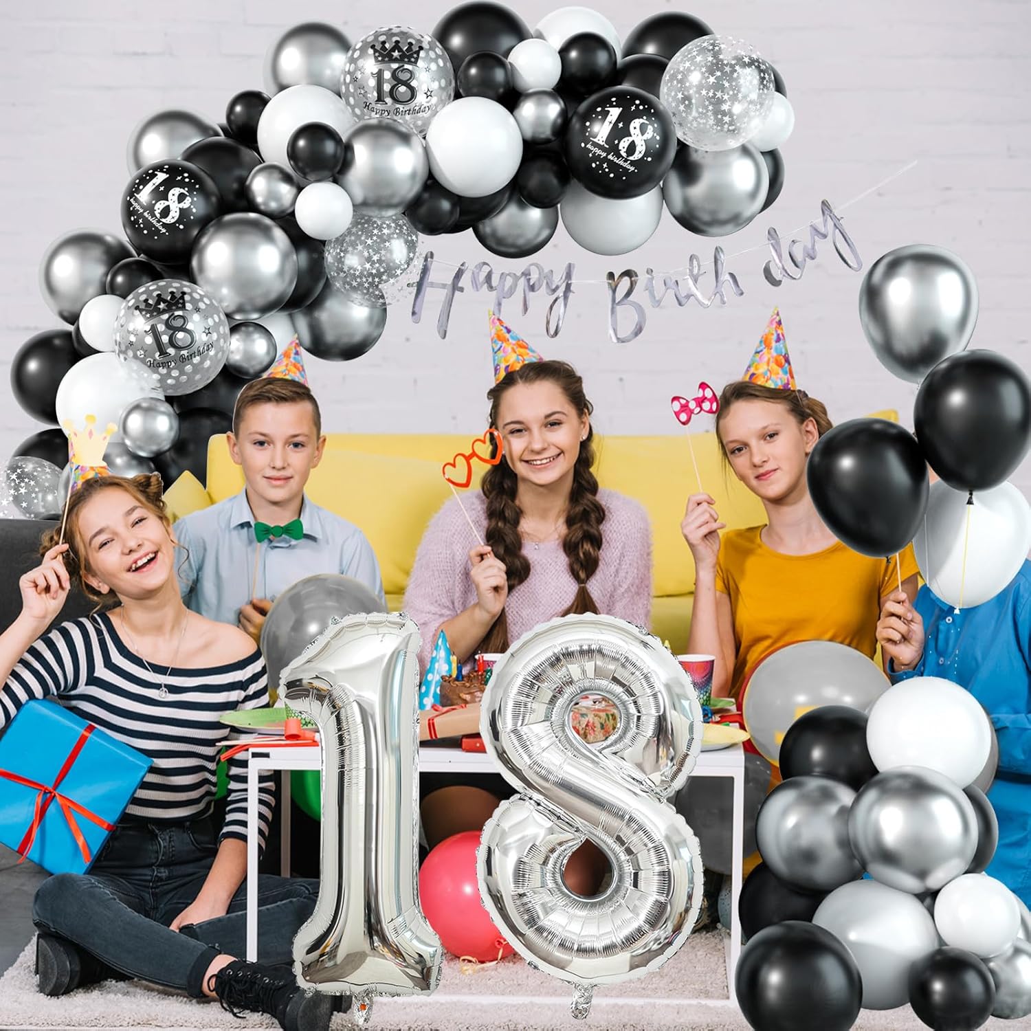18th Birthday Decorations for Boys Black and Silver Balloons Garland Arch Kit with Number Foil Confetti Balloon Happy Birthday Bunting Banner Black Silver Party Decor for 18 Years Old Girls Women Man - Image 4
