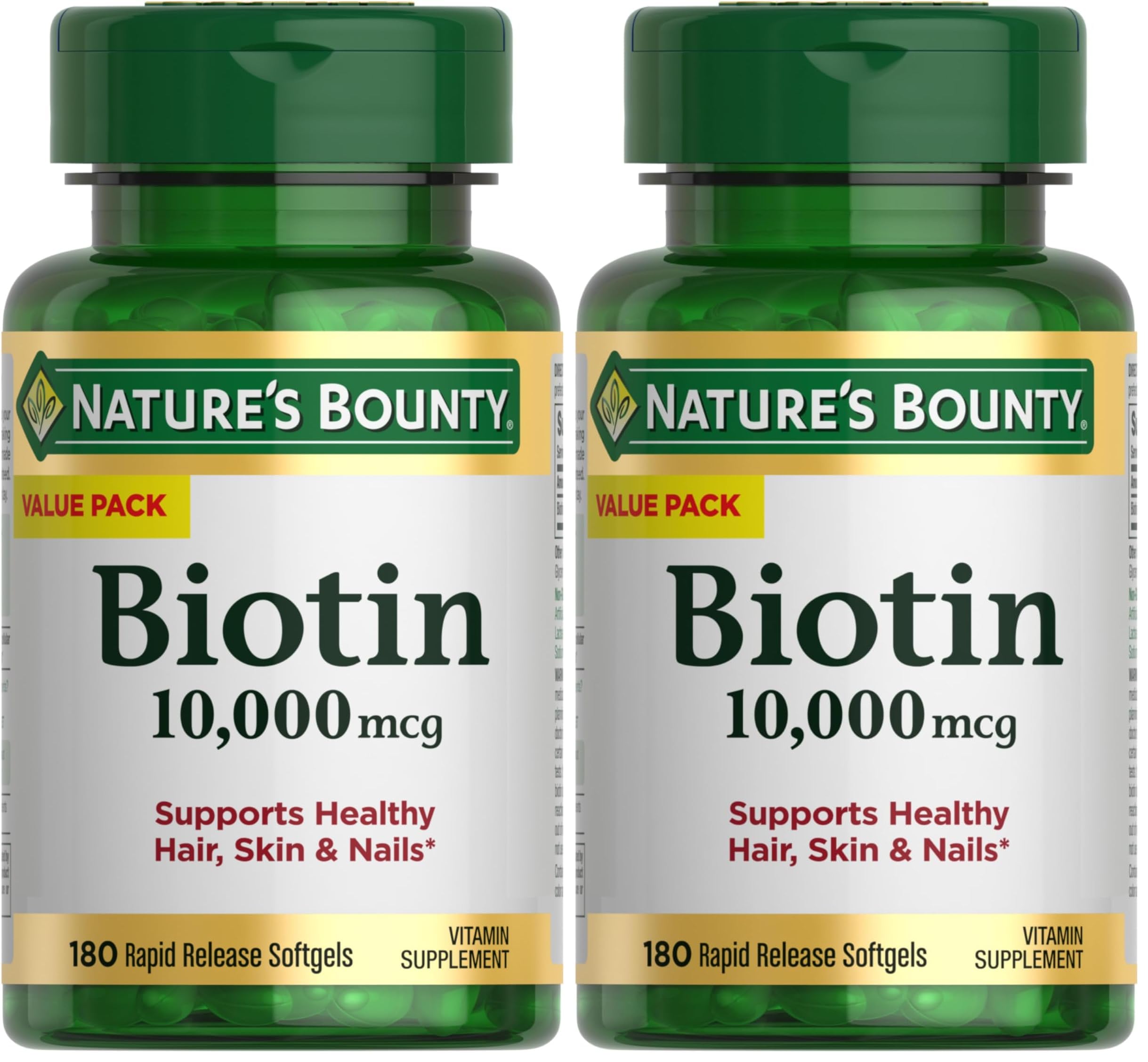 Nature's Bounty Biotin Hair Skin and Nails Vitamins, 180 Softgels (Pack of 2)