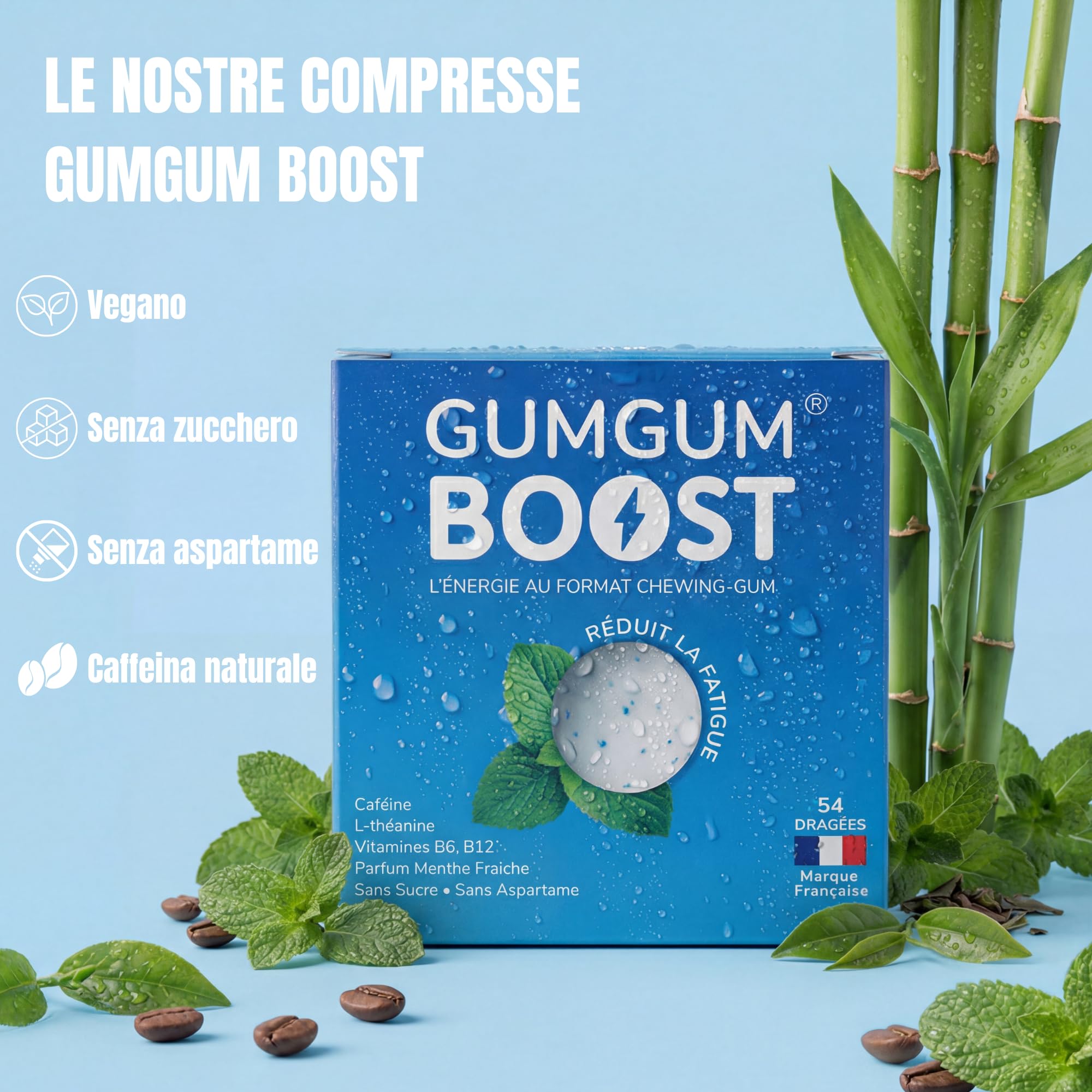 Gumgum Boost - Masticare Gum Energizzante Senza Zucchero con Vitamine B6 & B12 – Caffeina Naturale & L-Teanina – Energia, Concentrazione & Vigilanza – Gusto Menta Fresca – Integratore Vegano – 54