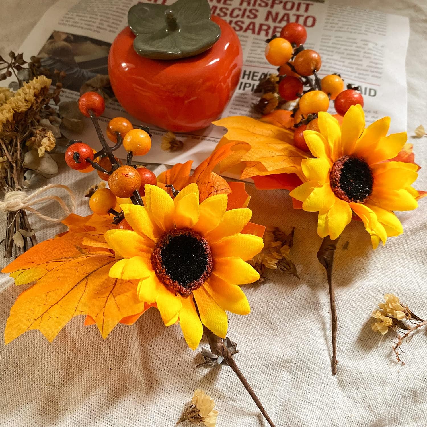 6 Pack Fall Stems Artificial Berry Picks Fall Picks with Sunflowers Maple Leaves Branches Decorations for Harvest Autumn Thanksgiving Day Flower Arrangements Wreaths Indoor Outdoor Home Decor - Image 4