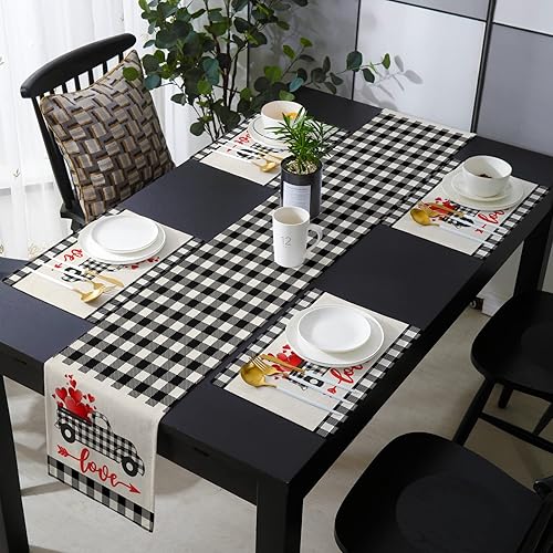 Juego de manteles individuales para el día de San Valentín con camino de mesa a juego de arpillera de algodón y lino 6 alfombrillas camino de 16 x