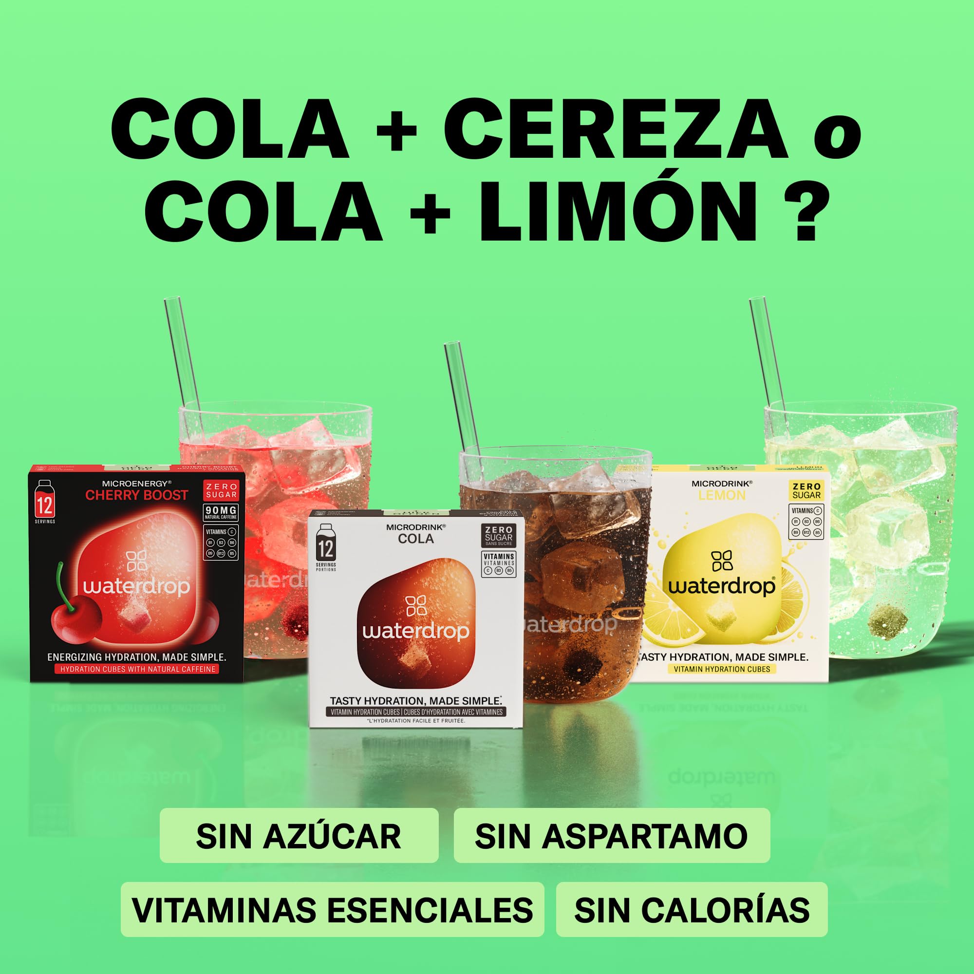 waterdrop® Microdrink Mix, 36 Pastillas Saborizantes Para Agua, Bebidas Mix Sabores COLA, LIMÓN, CEREZA.Sin Azúcar, baja en calorías y con vitaminas, Bebida Instantánea, Polvo de Hidratación