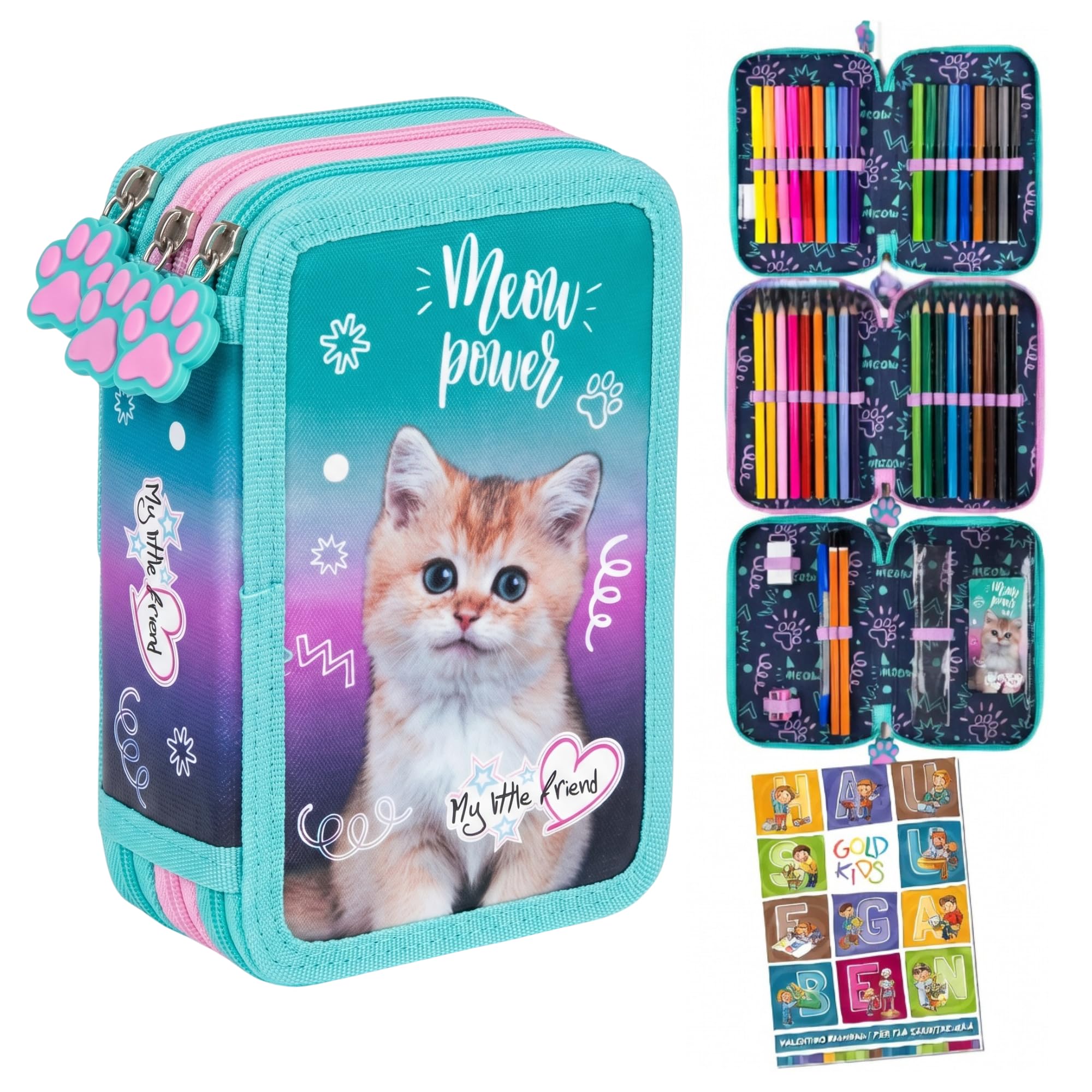 Goldkids - Federmäppchen 3 Fächer - Mäppchen für Mädchen und Jungen - Federmappe 3-Fach Federtasche 44-teilig Gefüllte Schüleretui Hausaufgabenheft- Katze Motiv