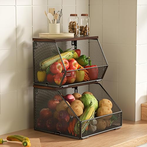 Litwaro - Canasta apilable de alambre para frutas y verduras, cesta de alambre apilable con tapa de madera, cesta de productos montada en la pared