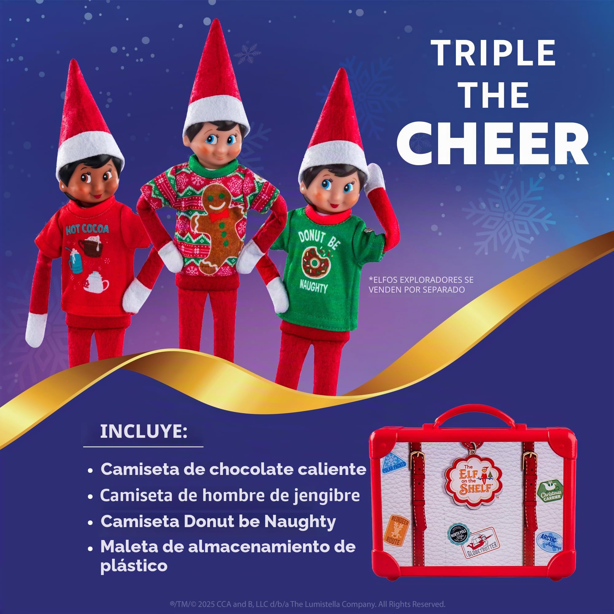 The Elf on the Shelf Claus Couture Collection - Juego de 3 Camisetas de tamaño Elfo con diseños de Pan de Jengibre, Cacao Caliente y Dona, Elfo Explorador no Incluido
