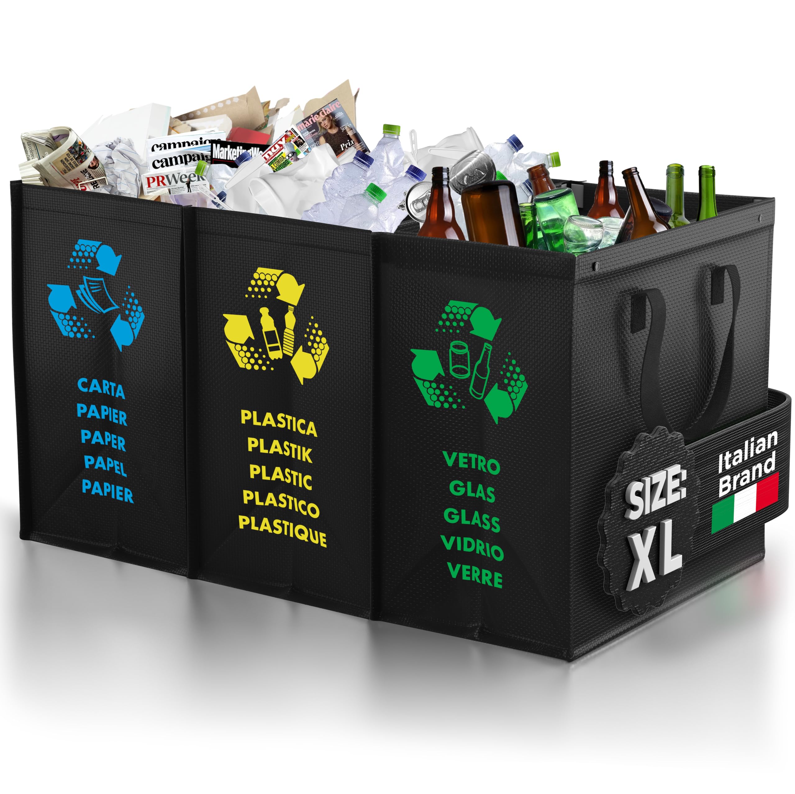 PTMS® Mülleimer 3 Fächer MAXI XL extra groß - Mülltonne als praktische Taschen für Papier, Glas & Plastik Müll - Abfalleimer Küche und Garage - Pfandflaschen Behälter - einfache Entleerung