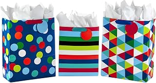 Hallmark 13" Large and 15" Extra Large Gift Bags Assortment with Tissue Paper (Pack of 3: Celebrate, Rainbow Stripes, Polka Dots) for Christmas, Birthdays, Father's Day, Graduations or Any Occasion