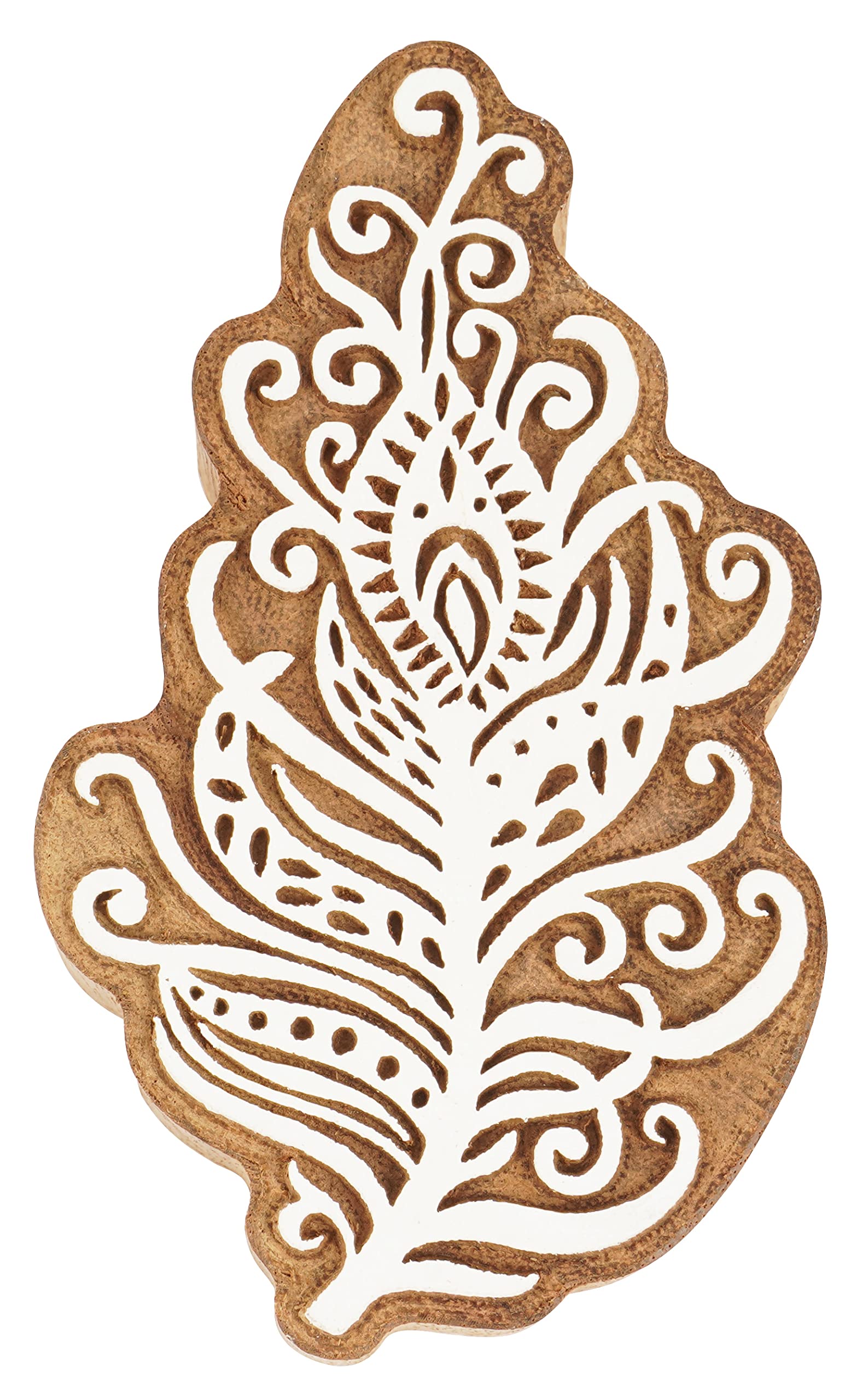 IBA IndianbeautifulartTextile Printing Block Peacock Feather Hand Carved Wooden Stamp Wood Block Printing Textile Stamp for Fabric/Pottery Blocks- 4 Inches