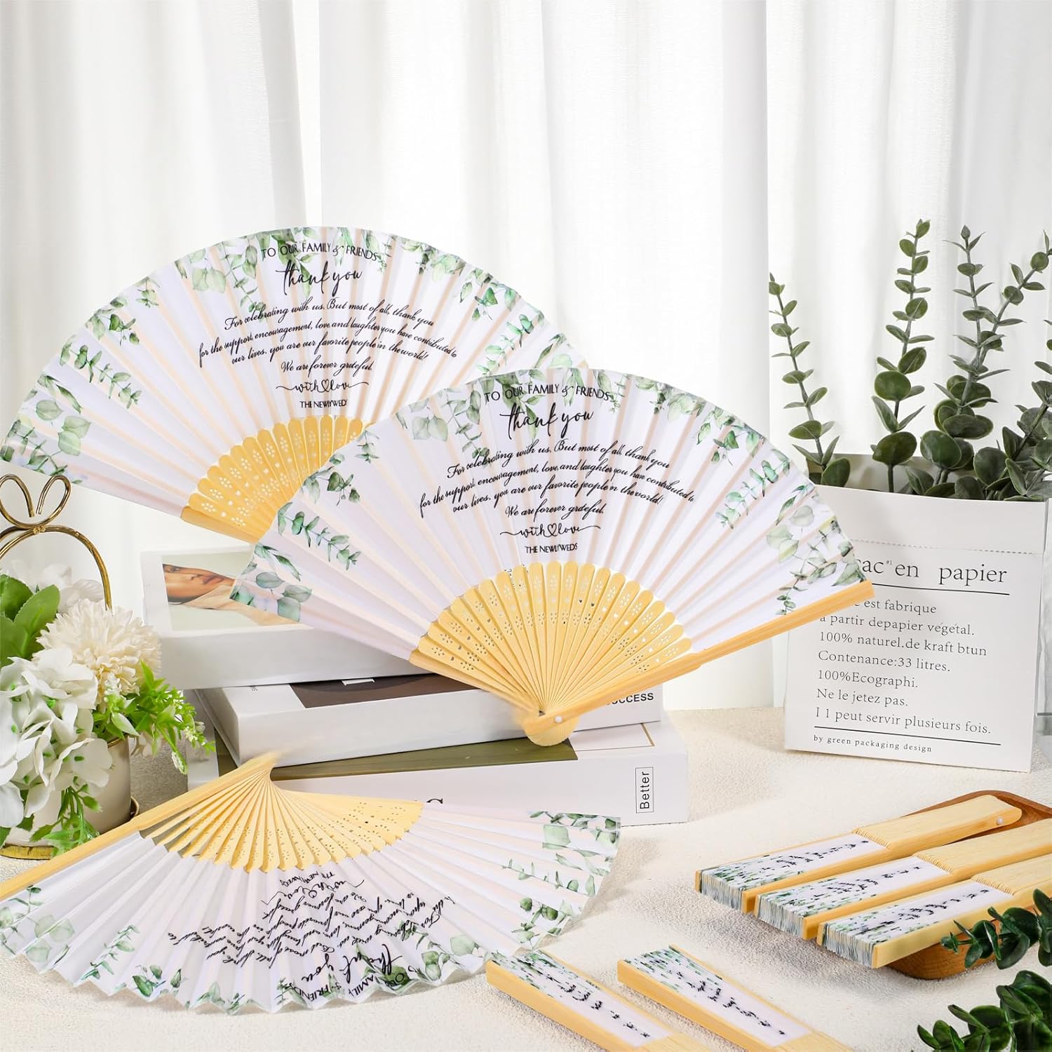 Unittype 60 Pcs Folding Hand Fans Bulk for Guests Silk Bamboo Folded Handheld Fans Decorative for Bridal Shower Favors Wedding Party Supplies Family Friends Thank You Gifts(White Green,Wedding)