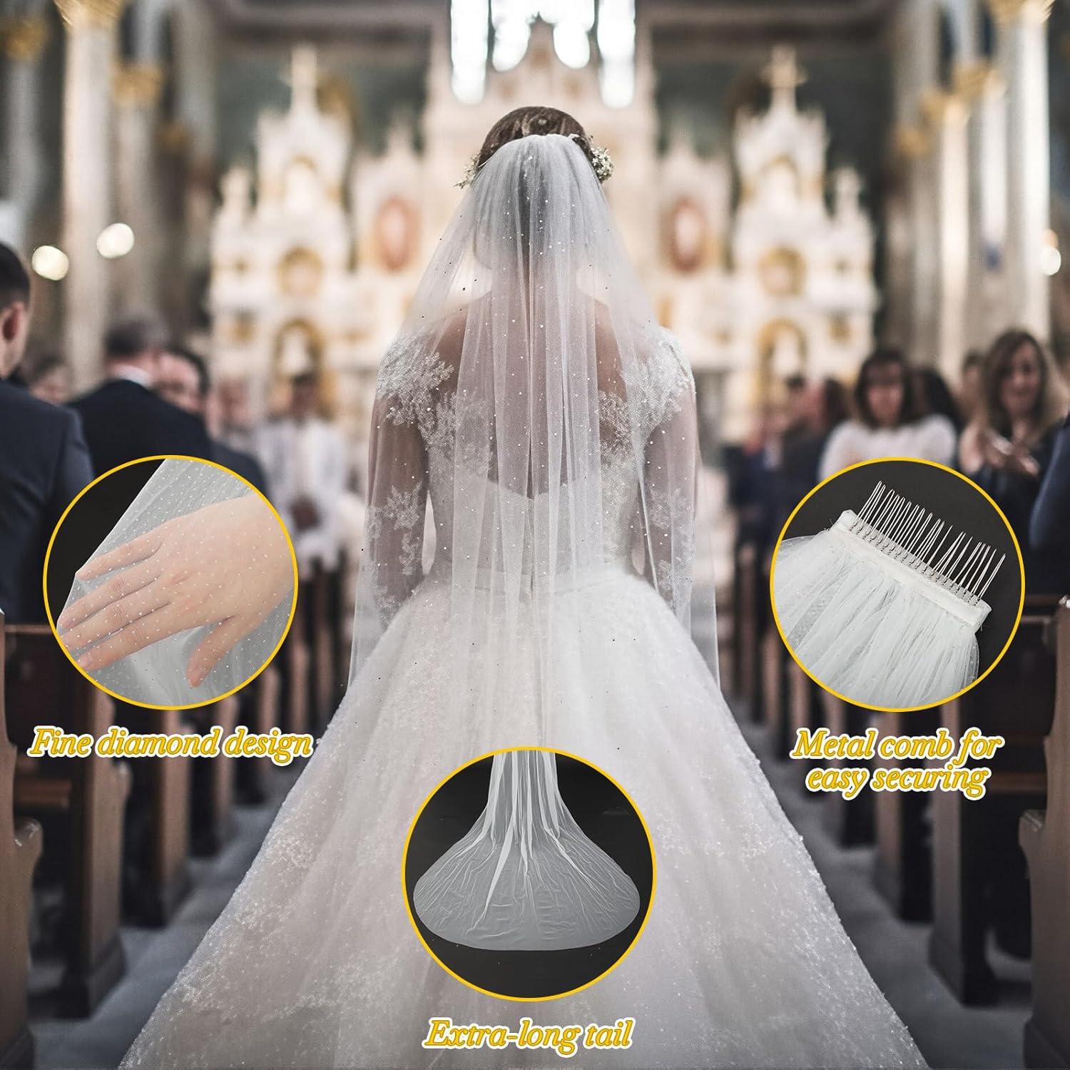 114inch Cathedral Wedding Veil Sparkle Long Glitter Bridal Veil 1 Tier Tulle Chapel Hair Accessories with Comb for Women and Bride