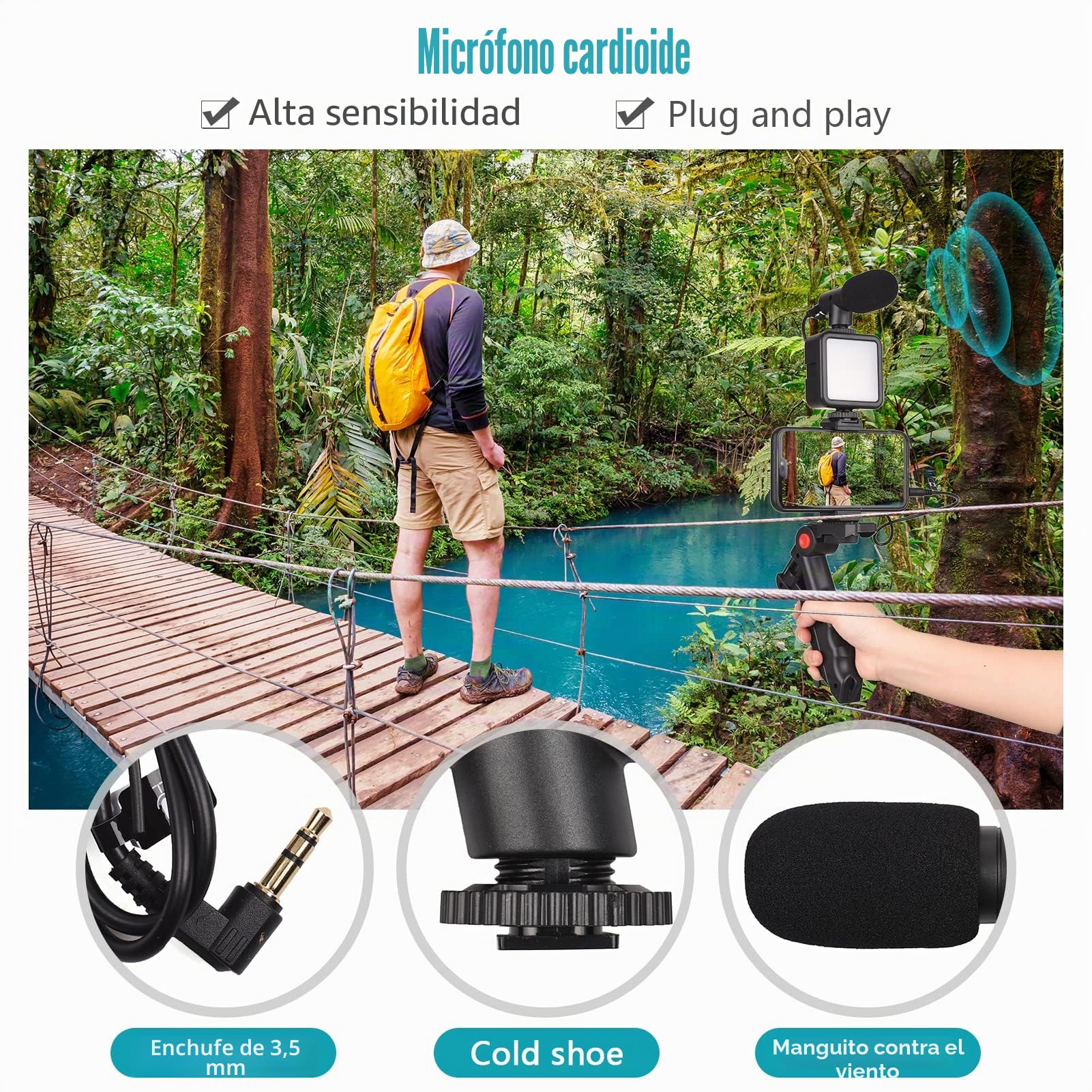 Andoer Kit de video para teléfono, luz LED cardioide + micrófono + clip extensible + trípode con brillo ajustable para vlog y transmisión en vivo