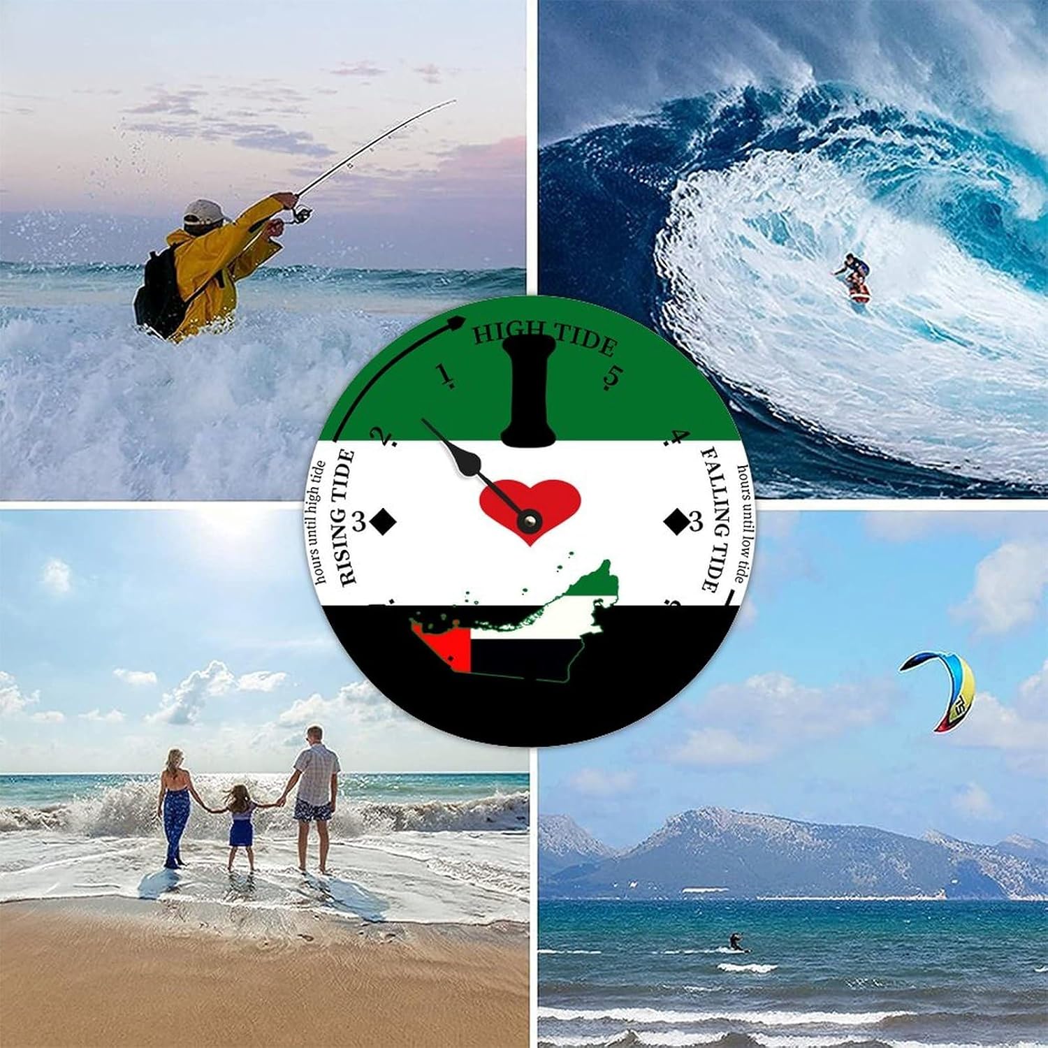 National Vintage Beach Time Tide Clock - United Arab Emirates Flag Tidal Clock Moon Clock Silent Non-Ticking Battery Operated Wooden Wall Clock for Cottage Beach Boat Living Room Home Decor 12"
