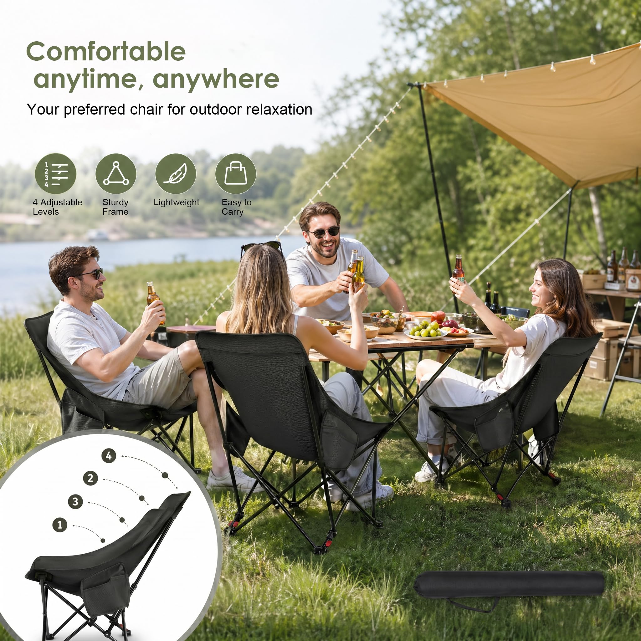 Chaise de camping à dossier haut, pliable, 150 kg, ultra légère, portable, avec 2 poches latérales, chaise pliante de camping, de pêche, avec sac de transport, chaise pliante pour camping, plage